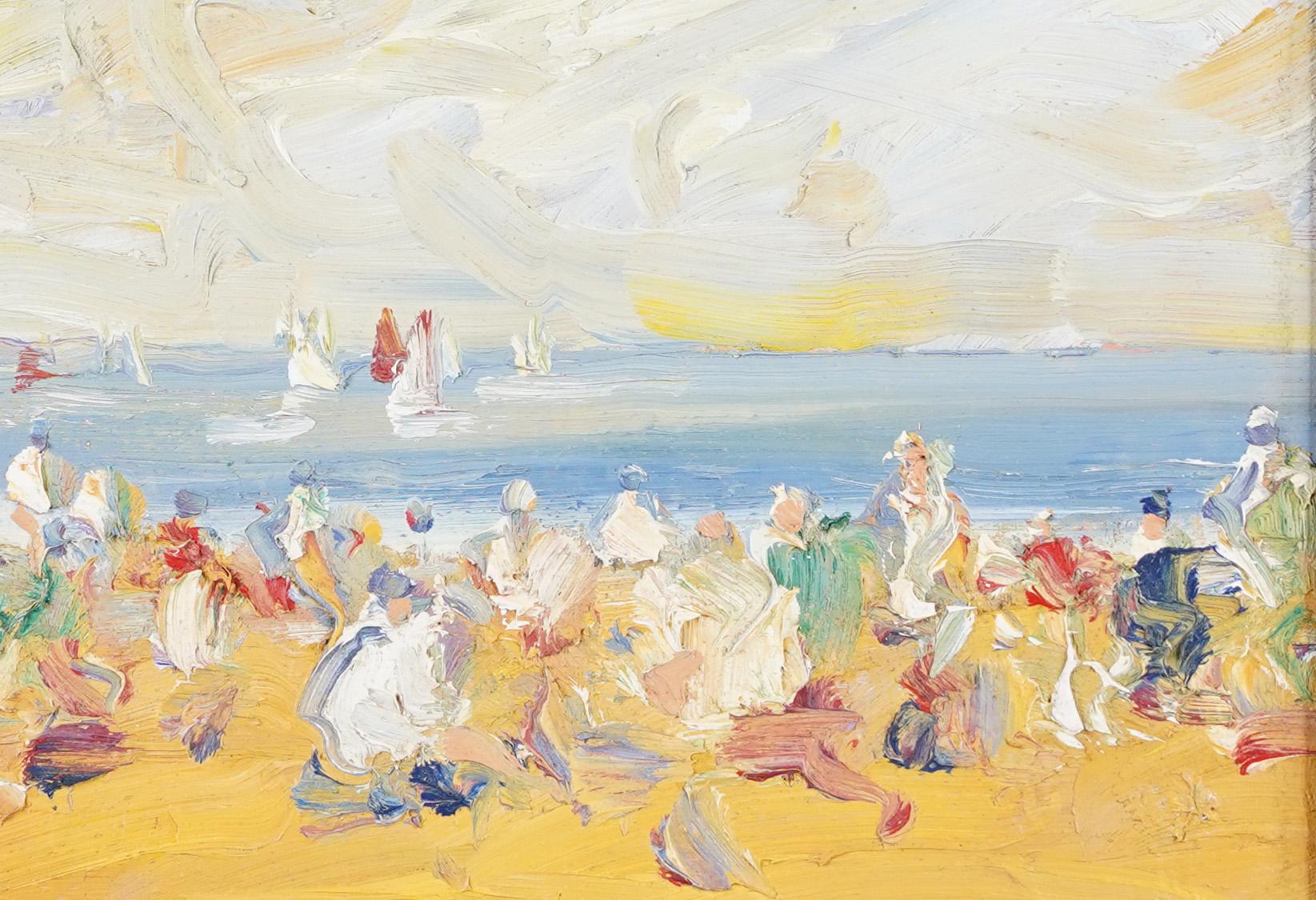 Antique French Impressionist Signed Beach Scene Thick Impasto Original Painting 2