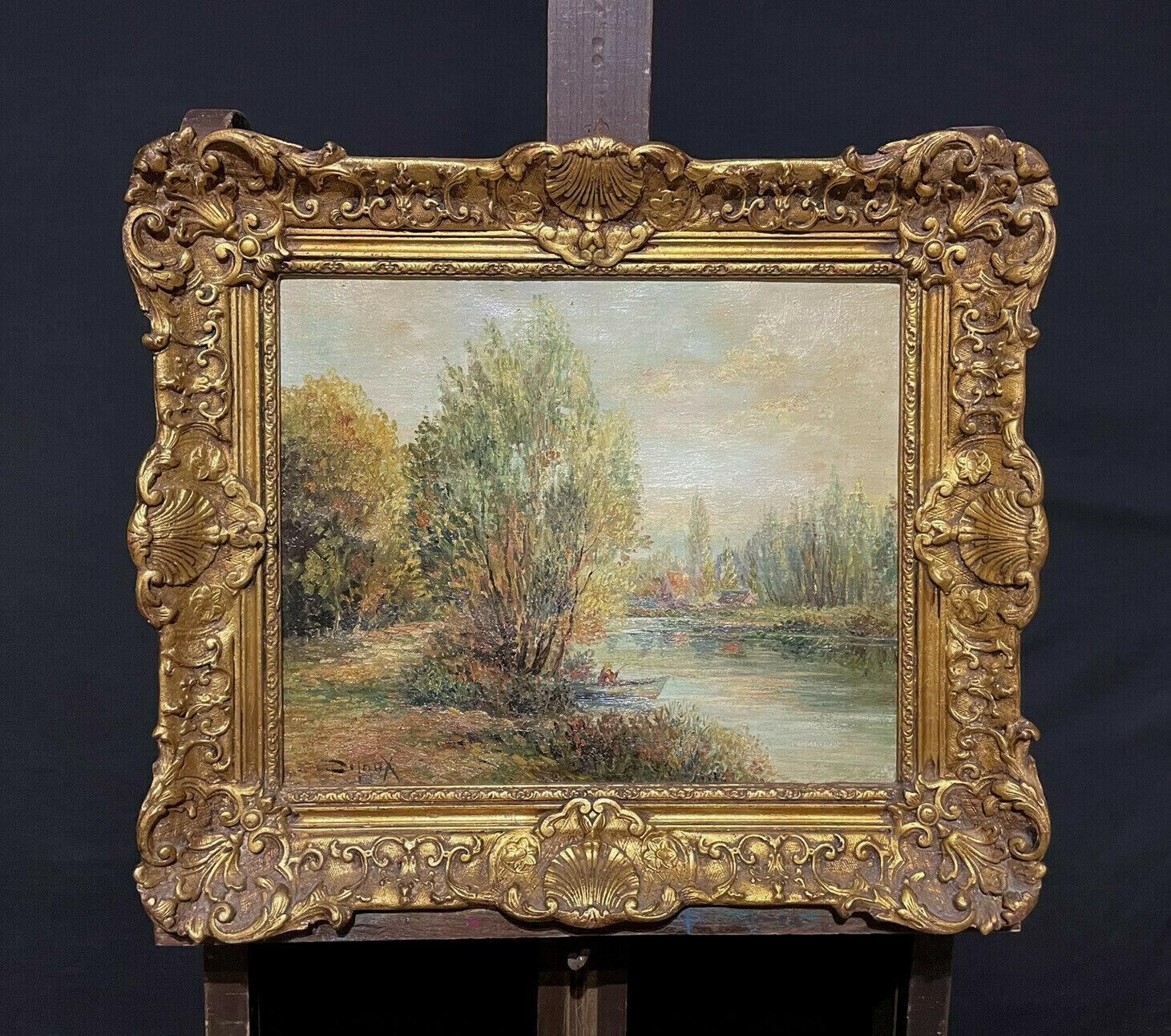 ANTIQUE FRENCH IMPRESSIONIST SIGNED OIL - FIGURE IN BOAT ON RIVER LANDSCAPE - Painting by Unknown