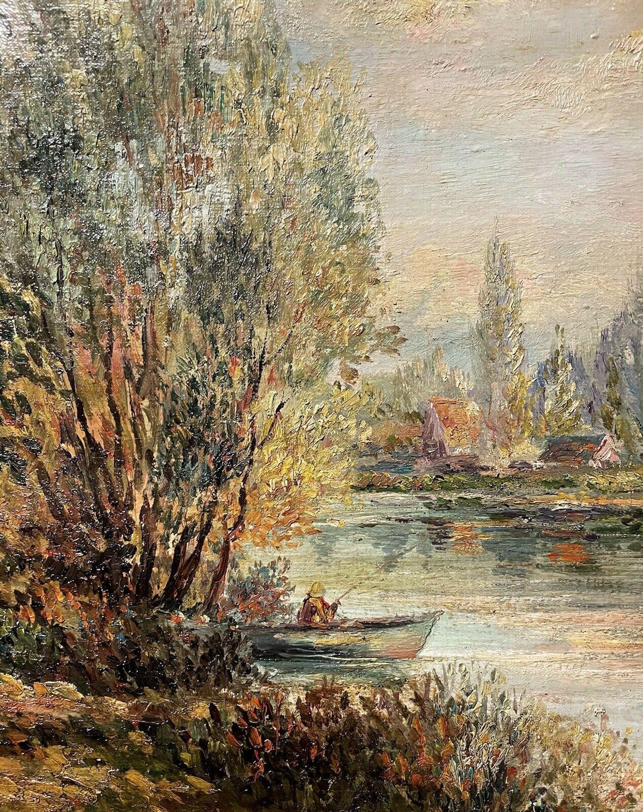 ANTIQUE FRENCH IMPRESSIONIST SIGNED OIL - FIGURE IN BOAT ON RIVER LANDSCAPE - Brown Landscape Painting by Unknown