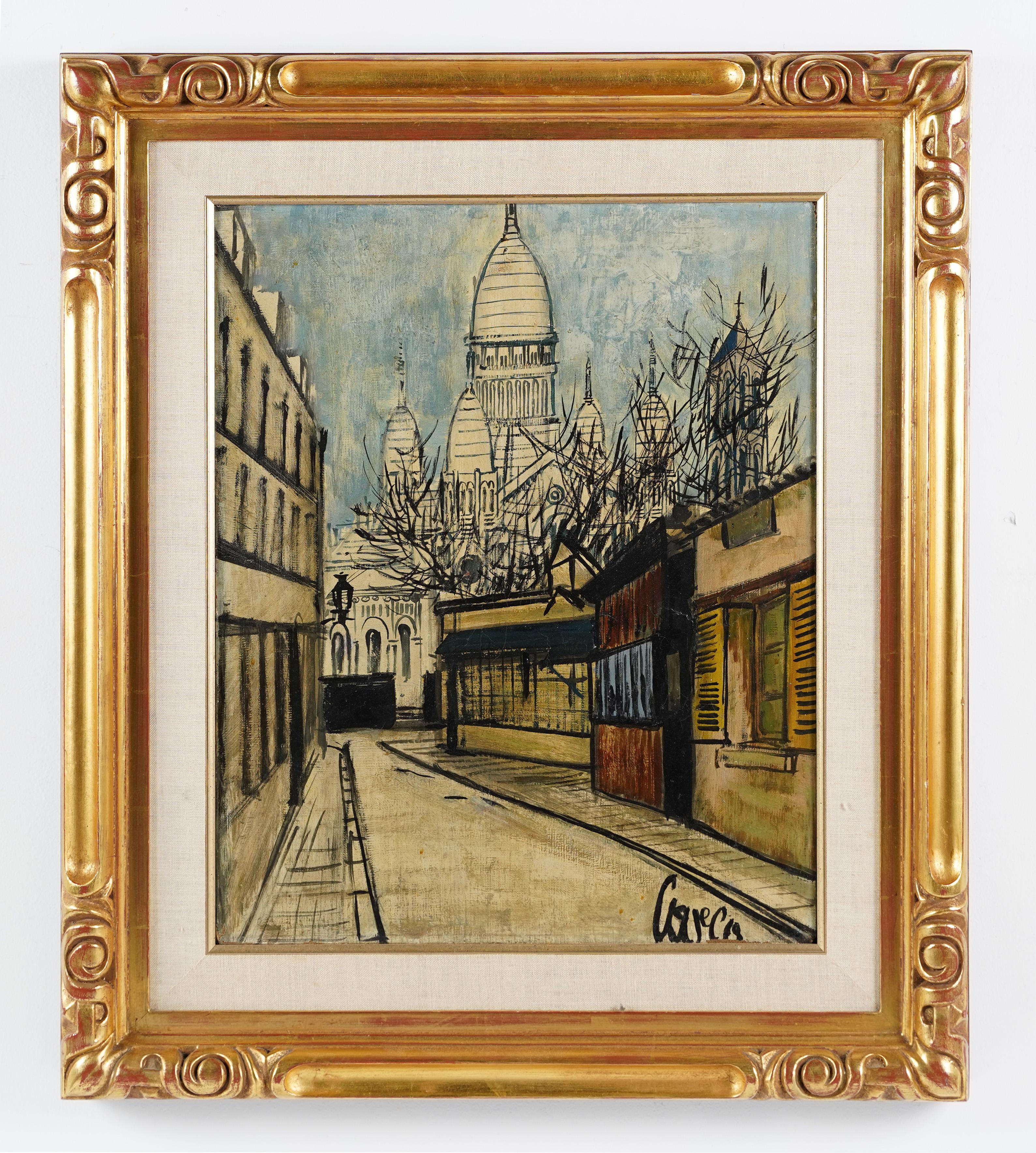 Antique French modernist street scene signed oil painting.  Olio su tela.  Firmato.  Incorniciato.  Dimensioni dell'immagine, 24L x 20H.