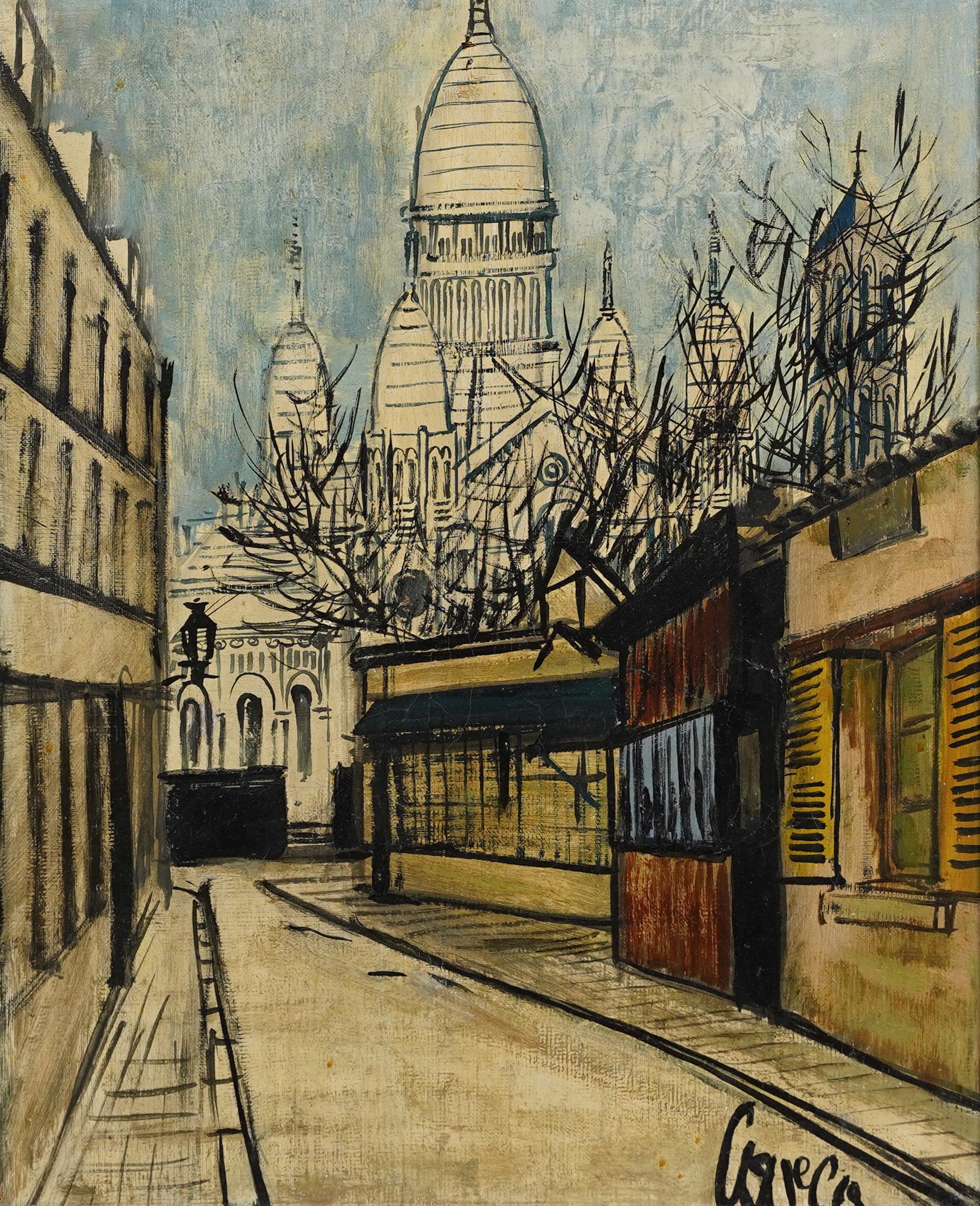 Antique French Impressionist Signed Paris Street Scene Wide Gold Frame Painting (Quadro con cornice dorata) 1