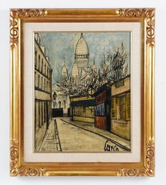 Ancienne peinture impressionniste française à large cadre doré représentant une scène de rue de Paris, signée