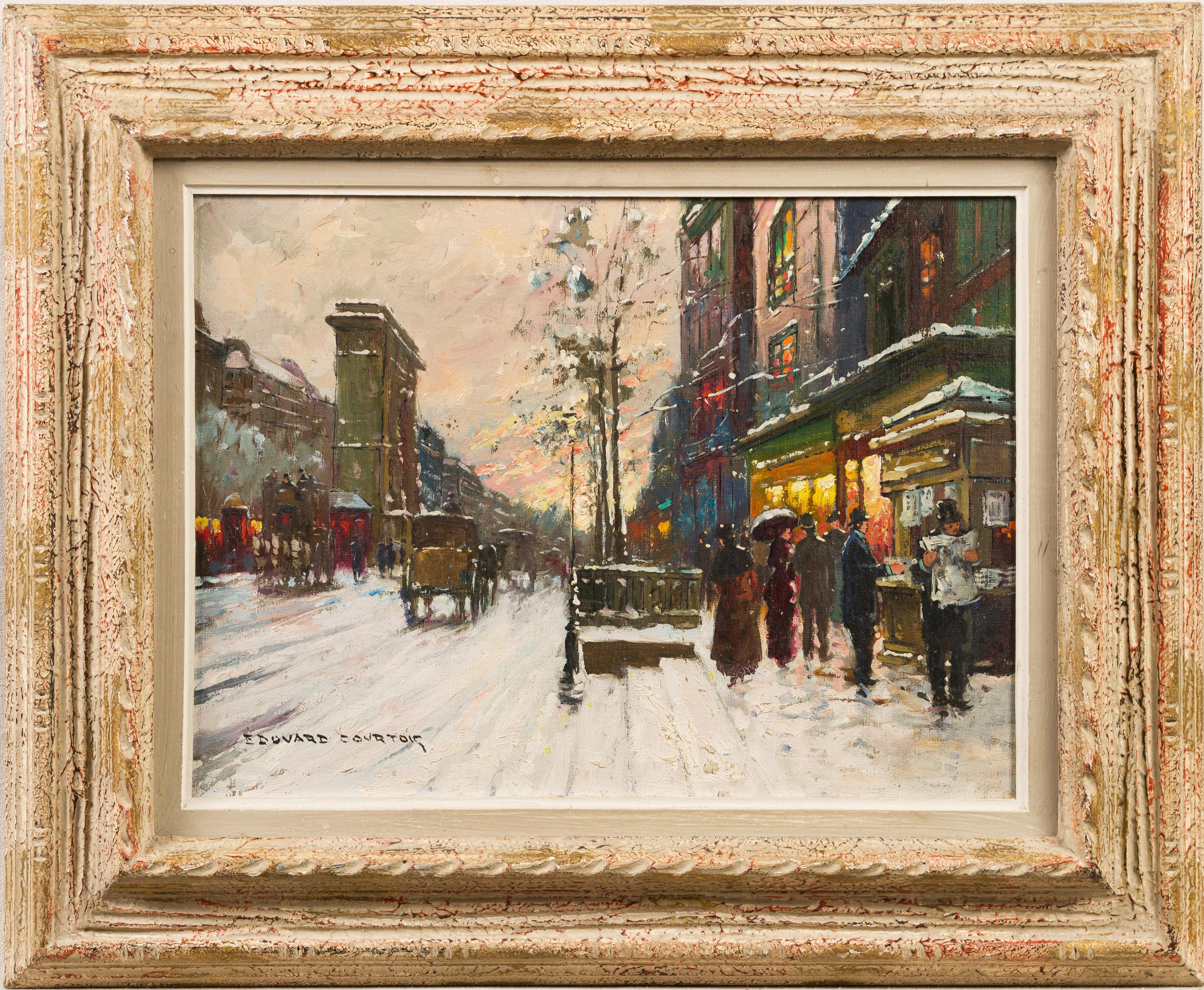 Antique French impressionist street scene landsape oil painting.  Oil on canvas, lain to board.  Framed.  Signed.