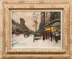 Ancienne peinture à l'huile impressionniste française représentant une scène de rue, joliment encadrée et signée