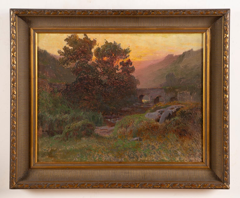 Antique French Impressionist Sunset Valley Landscape Signed Framed Oil Painting  - Brown Landscape Painting by Unknown