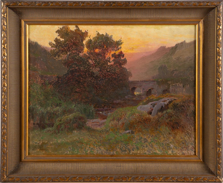 Antique French impressionist landscape painting.  Oil on canvas, circa 1900.  Signed.  Image size, 25L x 20H.  Housed in a giltwood frame.
