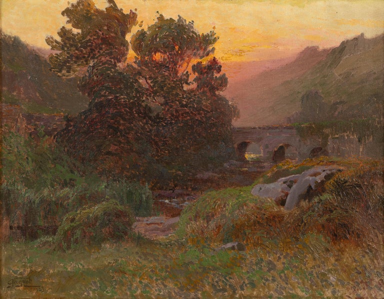 Antique French Impressionist Sunset Valley Landscape Signed Framed Oil Painting  1