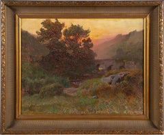 Antique French Impressionist Sunset Valley Landscape Signed Framed Oil Painting 