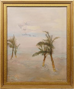 Antique French Impressionist Tropical Beach Scene Framed Original Oil Painting