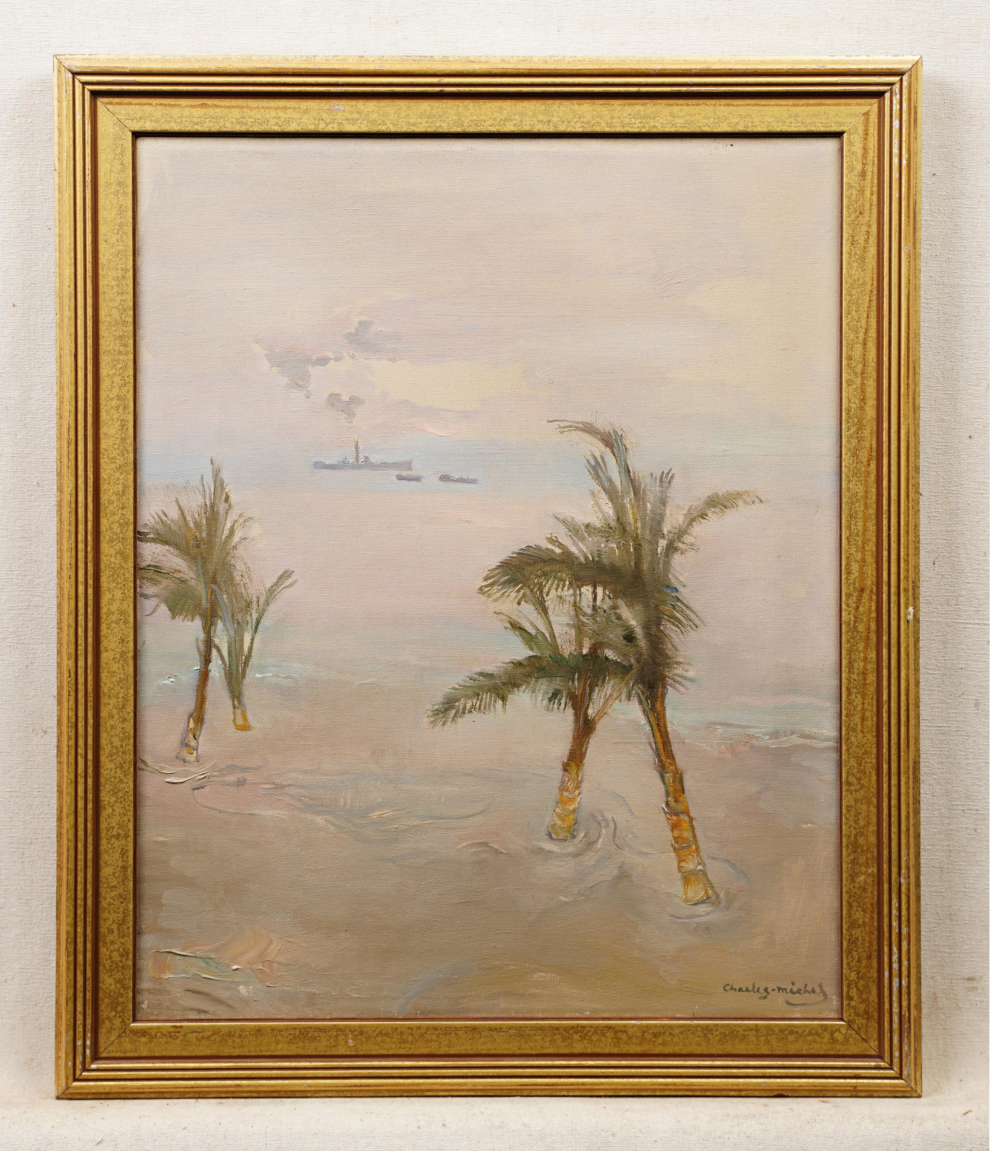Antique French Impressionist Tropical Beach Scene Framed Original Oil Painting 1