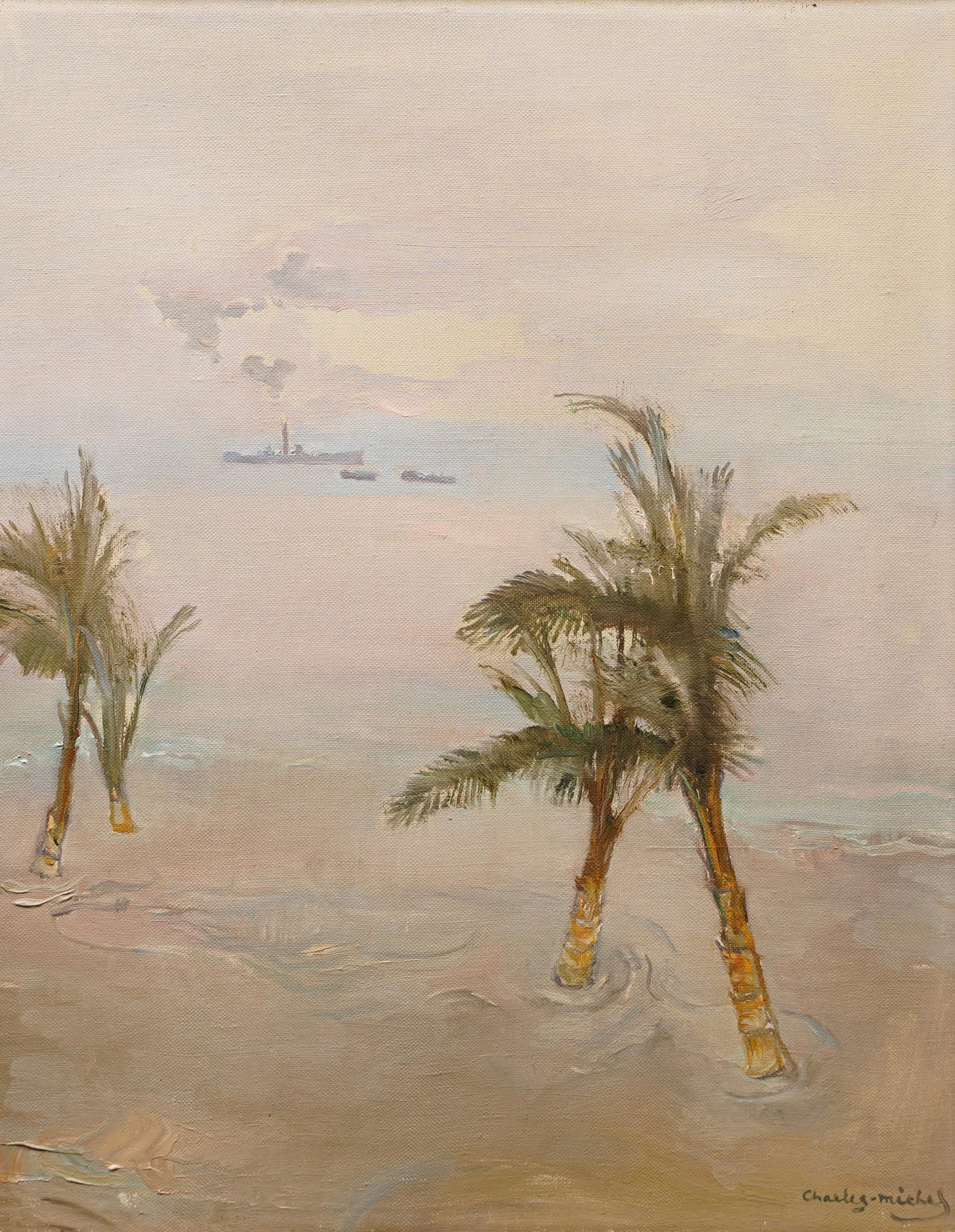 Antique French Impressionist Tropical Beach Scene Framed Original Oil Painting 2
