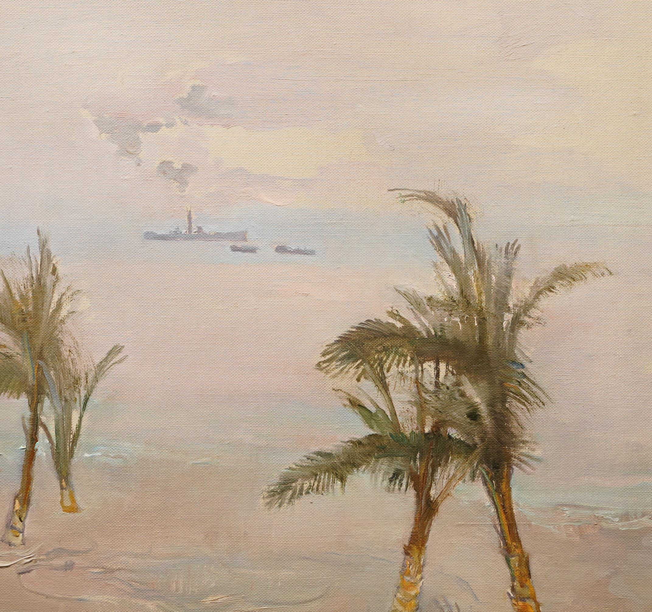 Antique French Impressionist Tropical Beach Scene Framed Original Oil Painting 3