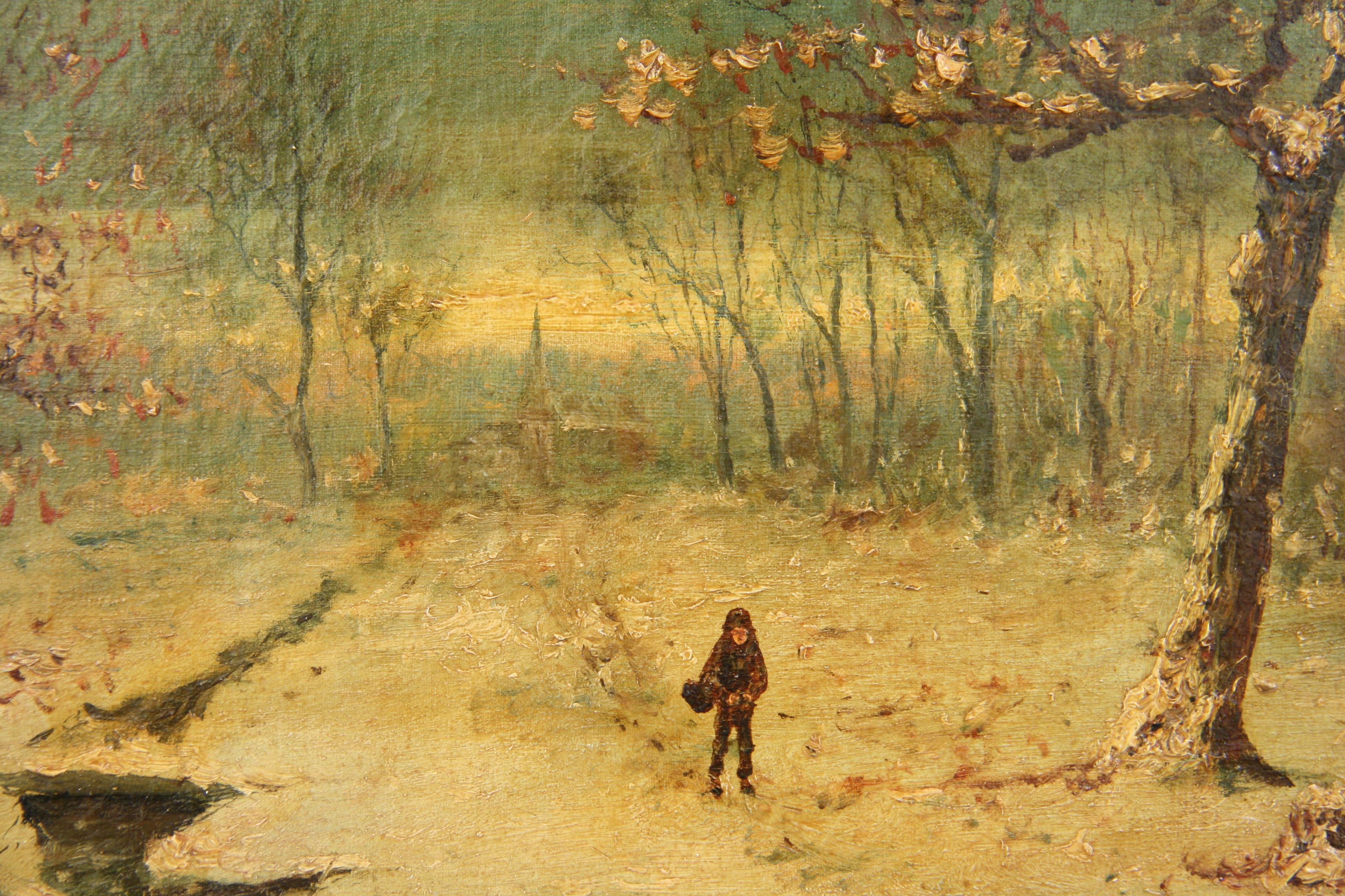 Antique French  Impressionist Winter Snow Landscape  Oil Painting 1920's - Brown Figurative Painting by Unknown