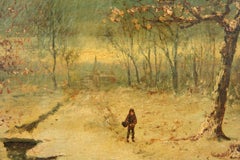 Young Girl Walking Thru a Winter Snow Landscape Oil Painting 1920's