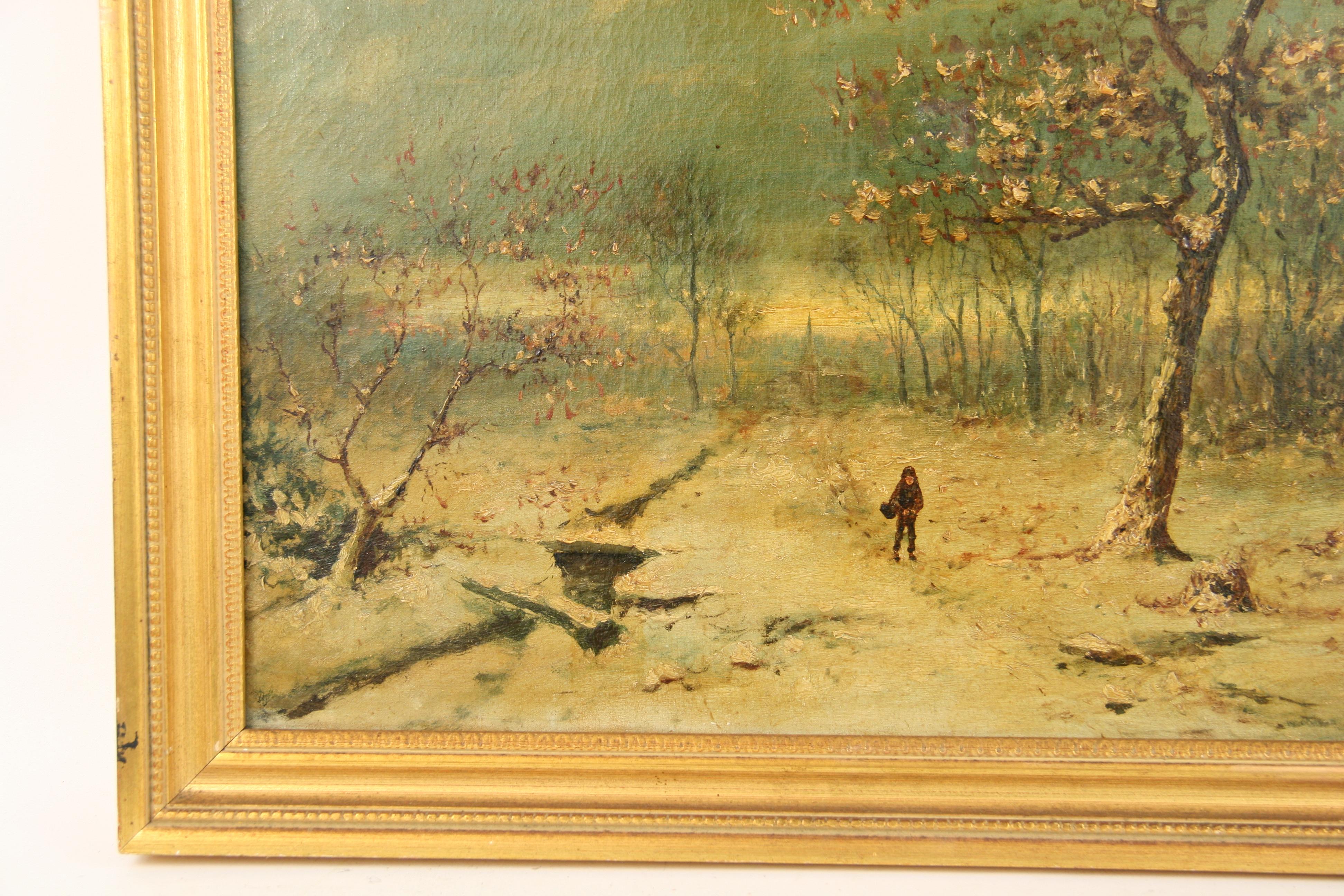 6008 Winter Snow,a 1920's oil painting on canvas depicting the isolation and beauty of  your girl walking thru a fresh fallen snow.Displayed in a gilt wood frame.Artist unknown