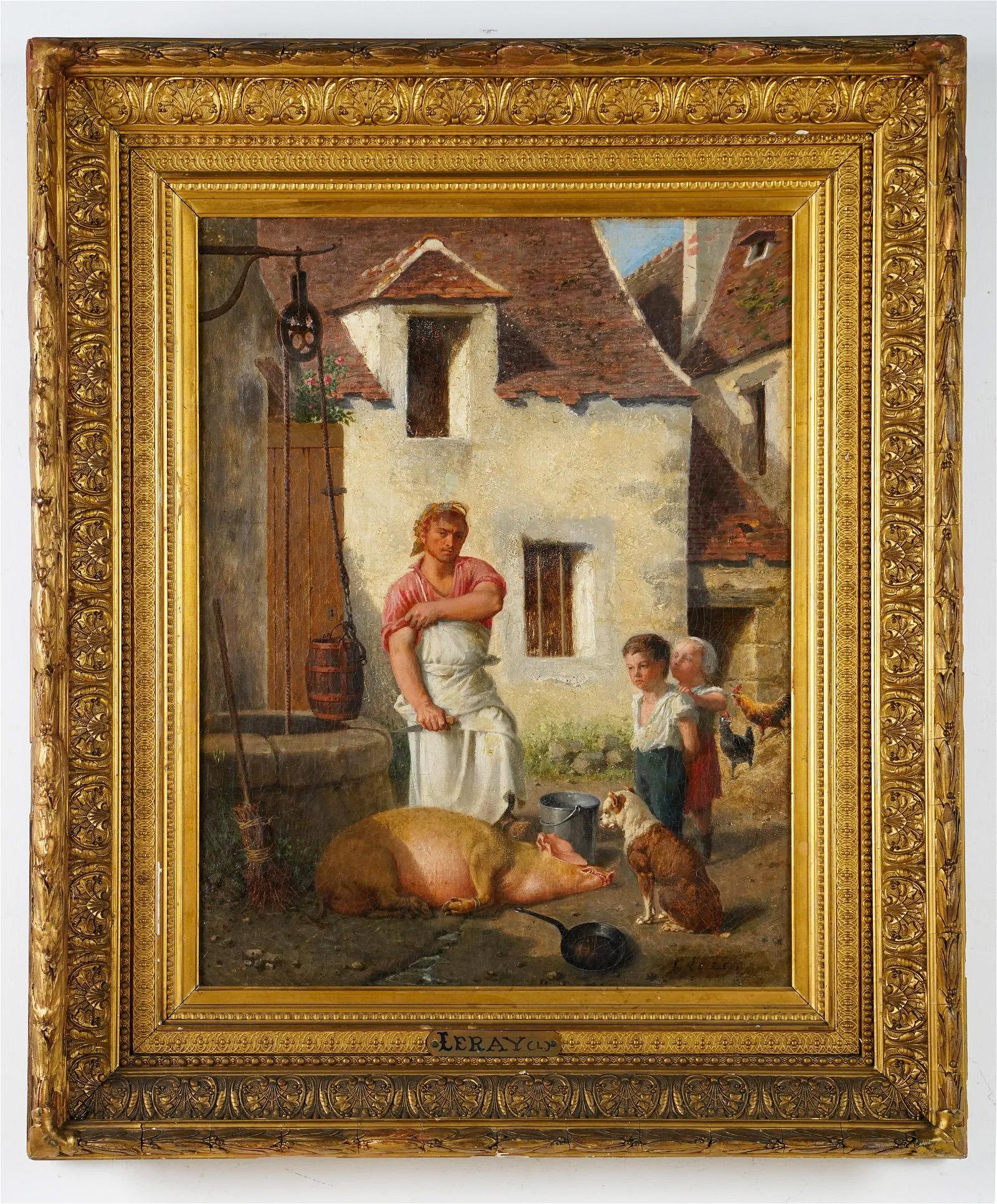 Antique French town view with a young handsome butcher.  Amazingly framed.  Oil on canvas.  Framed.  Signed.