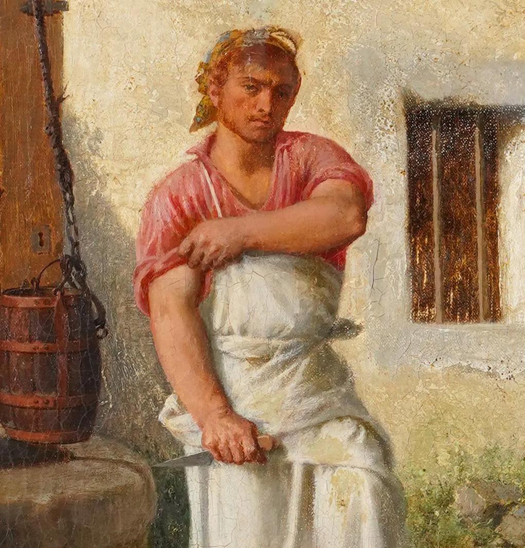 Antique French Impressionist Young Handsome Muscular Butcher Framed Oil Painting For Sale 2