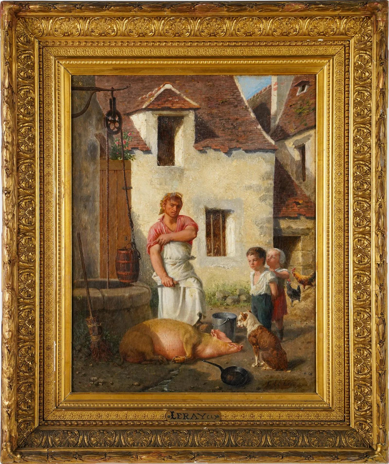 Antique French Impressionist Young Handsome Muscular Butcher Framed Oil Painting