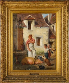 Antique French Impressionist Young Handsome Muscular Butcher Framed Oil Painting