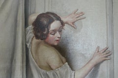 Antique French Interior Bedroom Farce Oil Painting, Large Boudoir Oil Painting