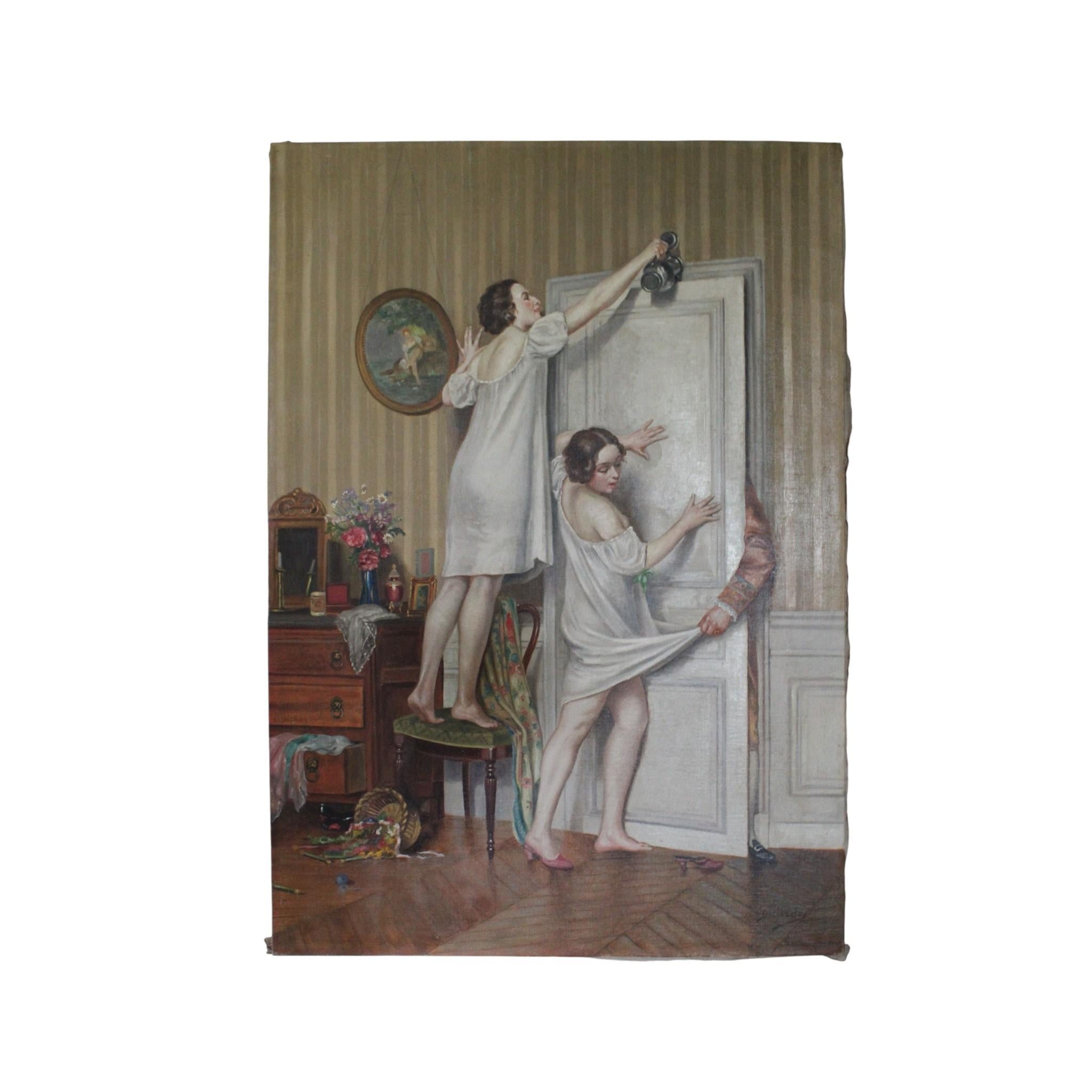 Antique French Interieur Schlafzimmer Farce Ölgemälde, große Boudoir Ölgemälde