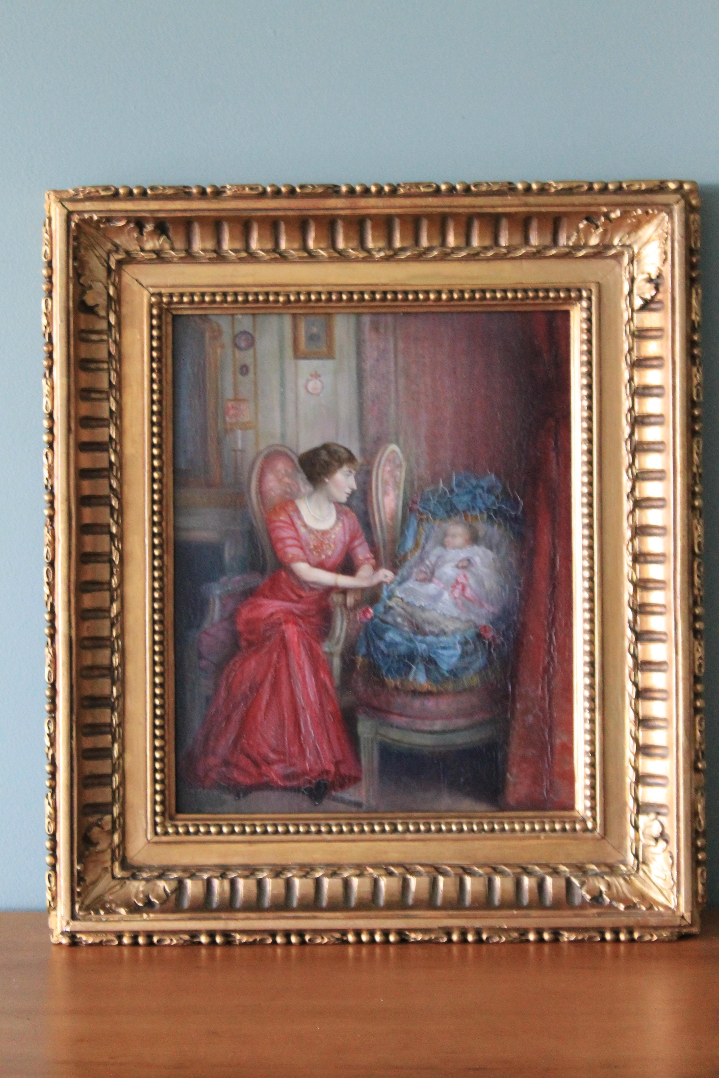 Interior oil painting of a mother and child, Antique Art Deco interior painting - Painting by Unknown