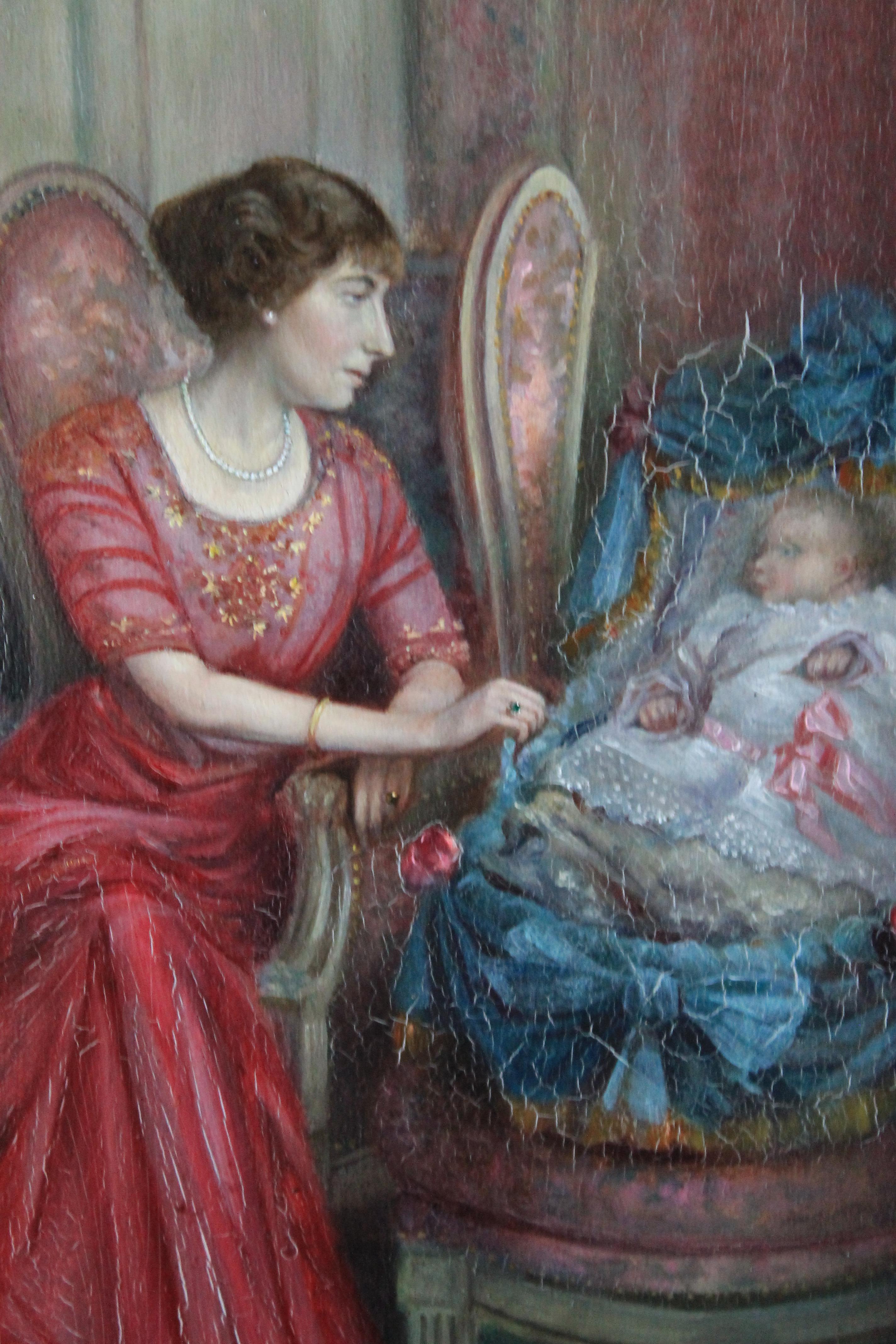 Antique interior scene of a mother and baby. Mother and child nursery portrait, signed and dated in the lower left. This is moving portrait of a mother attending to her baby. The mother, beautifully dressed for an obviously special occasion in a