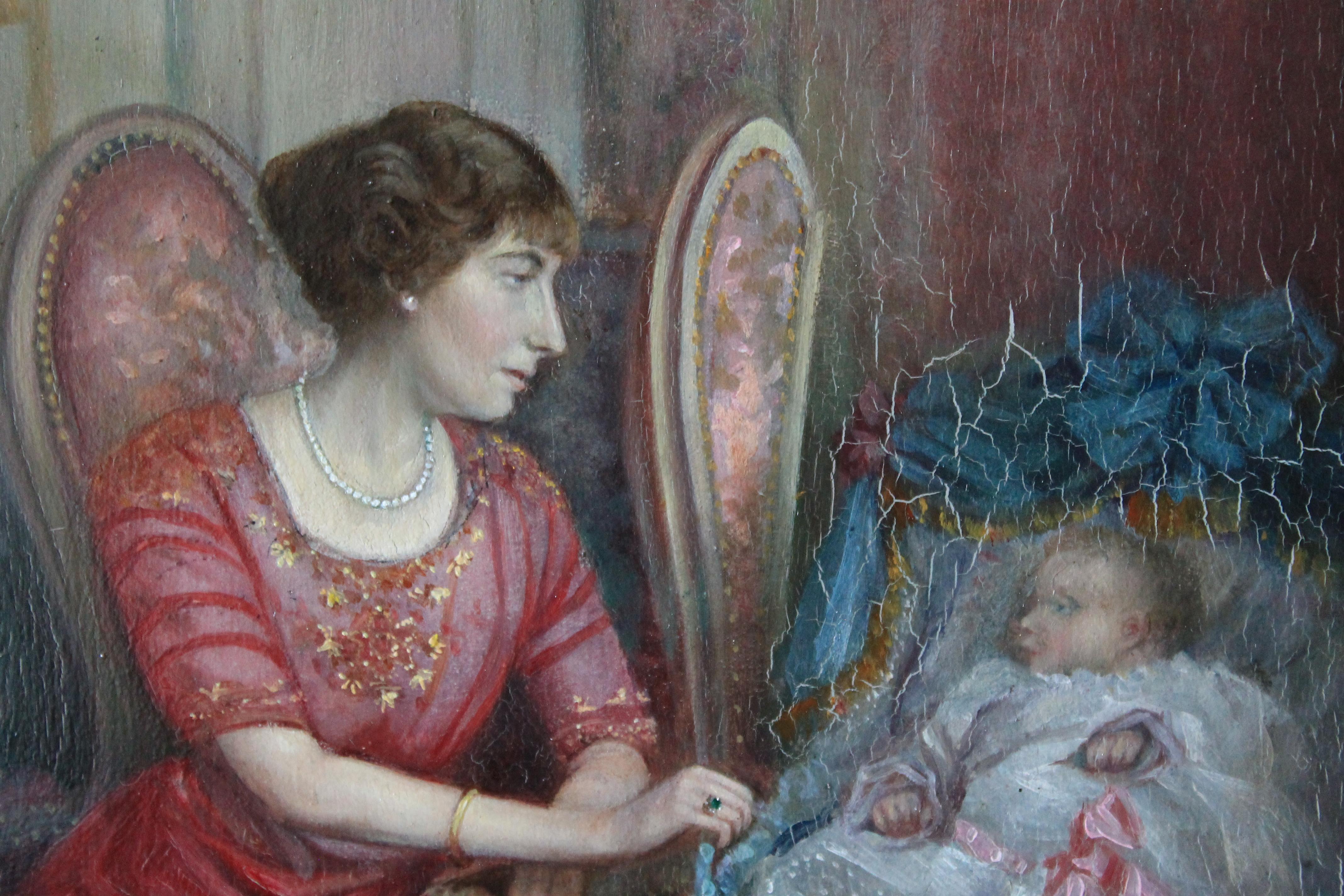 Interior oil painting of a mother and child, Antique Art Deco interior painting 2