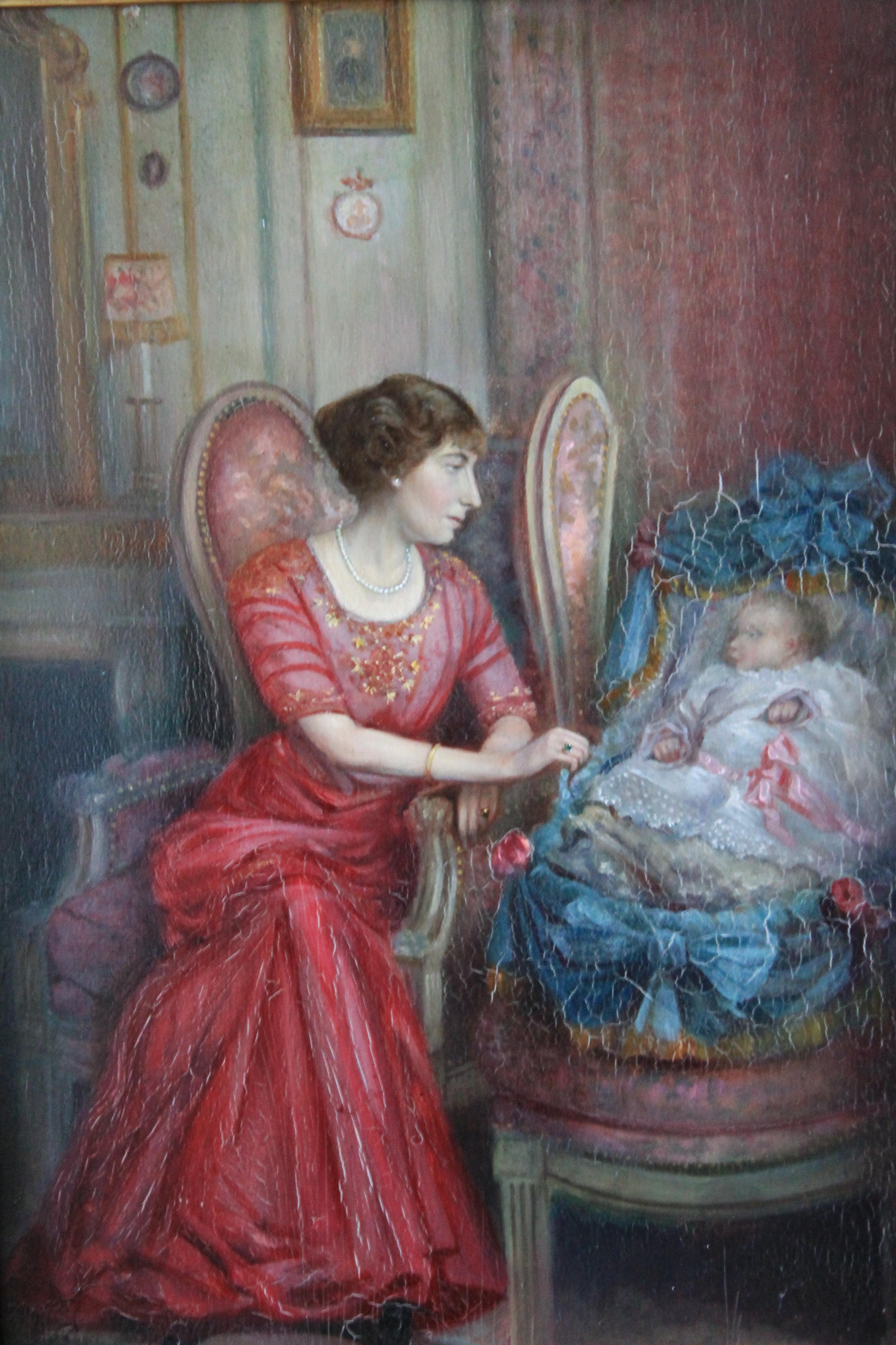 Unknown Interior Painting - Interior oil painting of a mother and child, Antique Art Deco interior painting