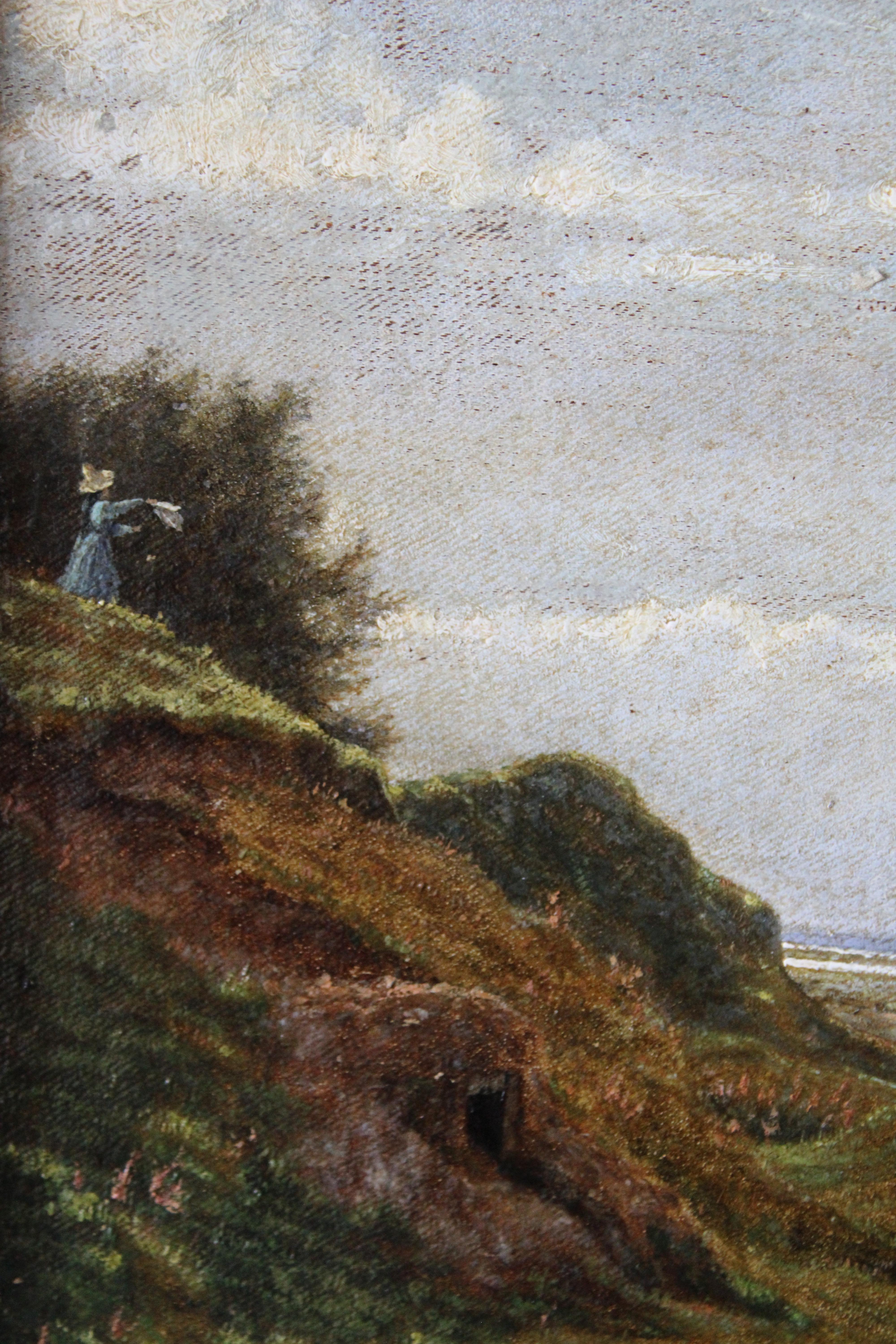 Peinture à l'huile ancienne de paysage encadrée sur carton épais.  Il s'agit d'une magnifique peinture à l'huile d'ambiance sur carton épais dans un très beau cadre en bois Montparnasse vintage.  Un paysage et un cadre côtier où une jeune femme