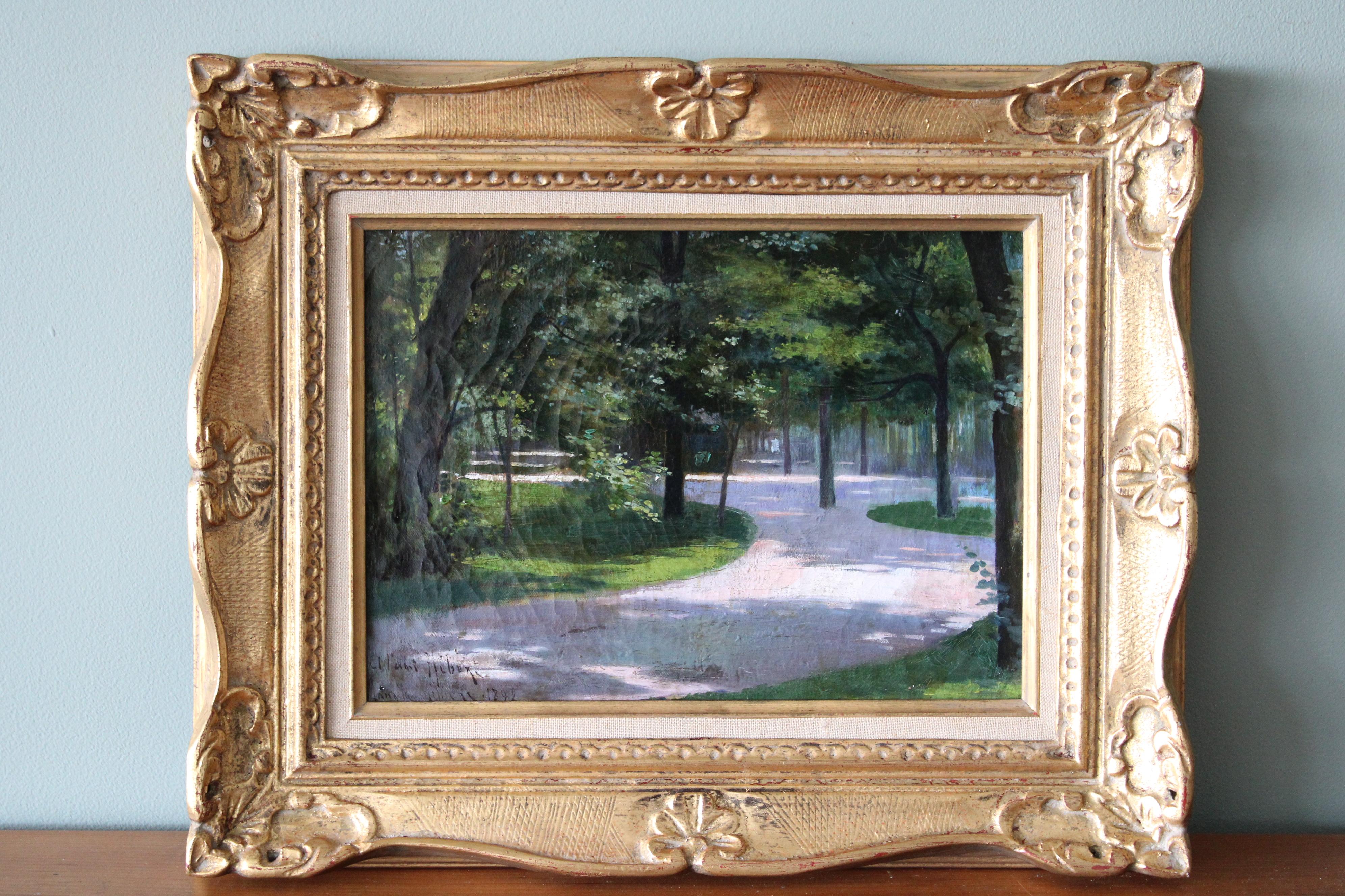 Antique French Landscape oil painting of a park dated 1892 - Painting by Unknown