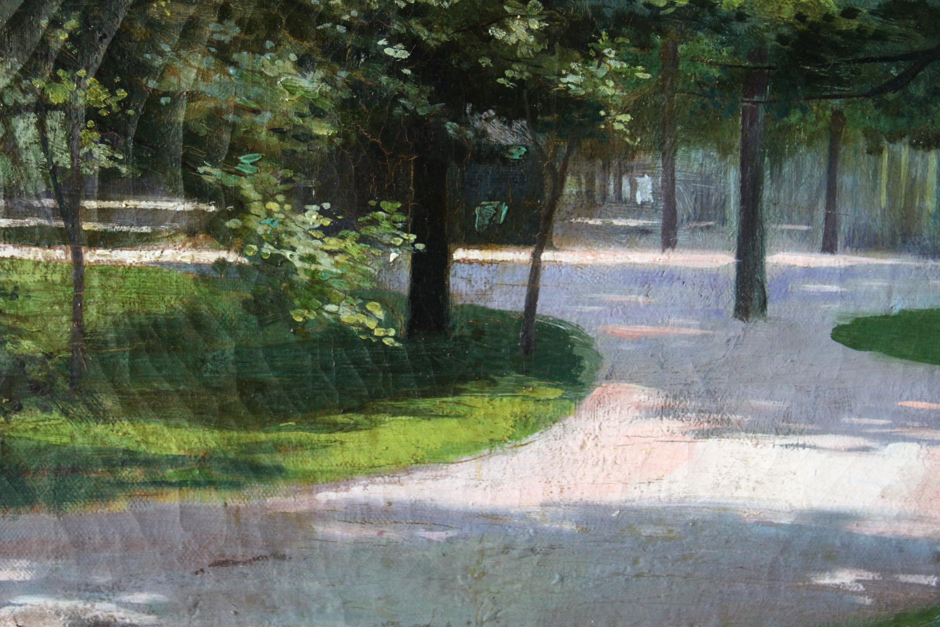 Park Pathway dated 1892

Atmospheric old oil painting on canvas dated 1892. This gorgeous old wooded parkland painting with a sunlight highlighted pathway is quite magical.  The dark trees of the park are brought to life by the sunlit pathway in
