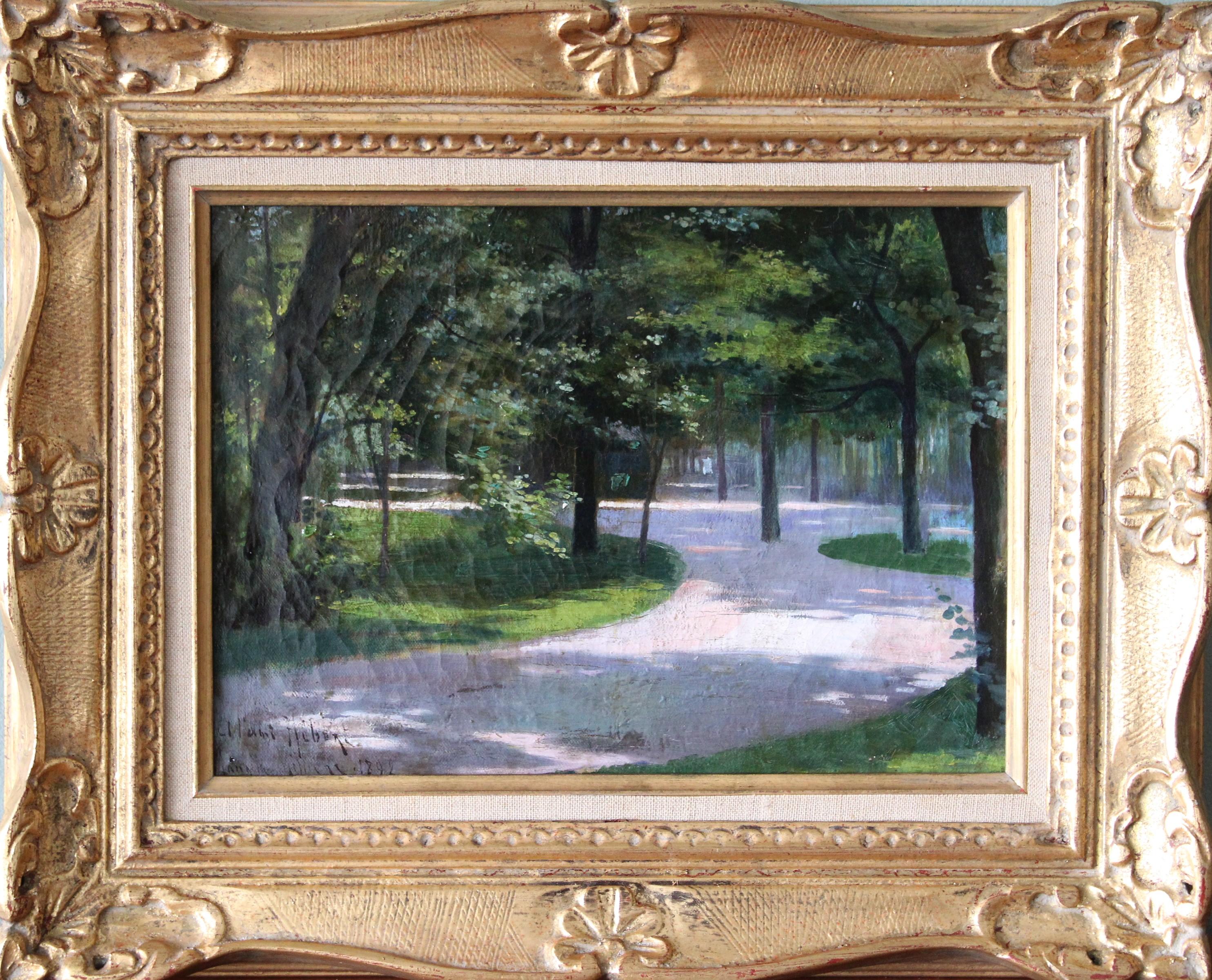 Unknown Landscape Painting - Antique French Landscape oil painting of a park dated 1892