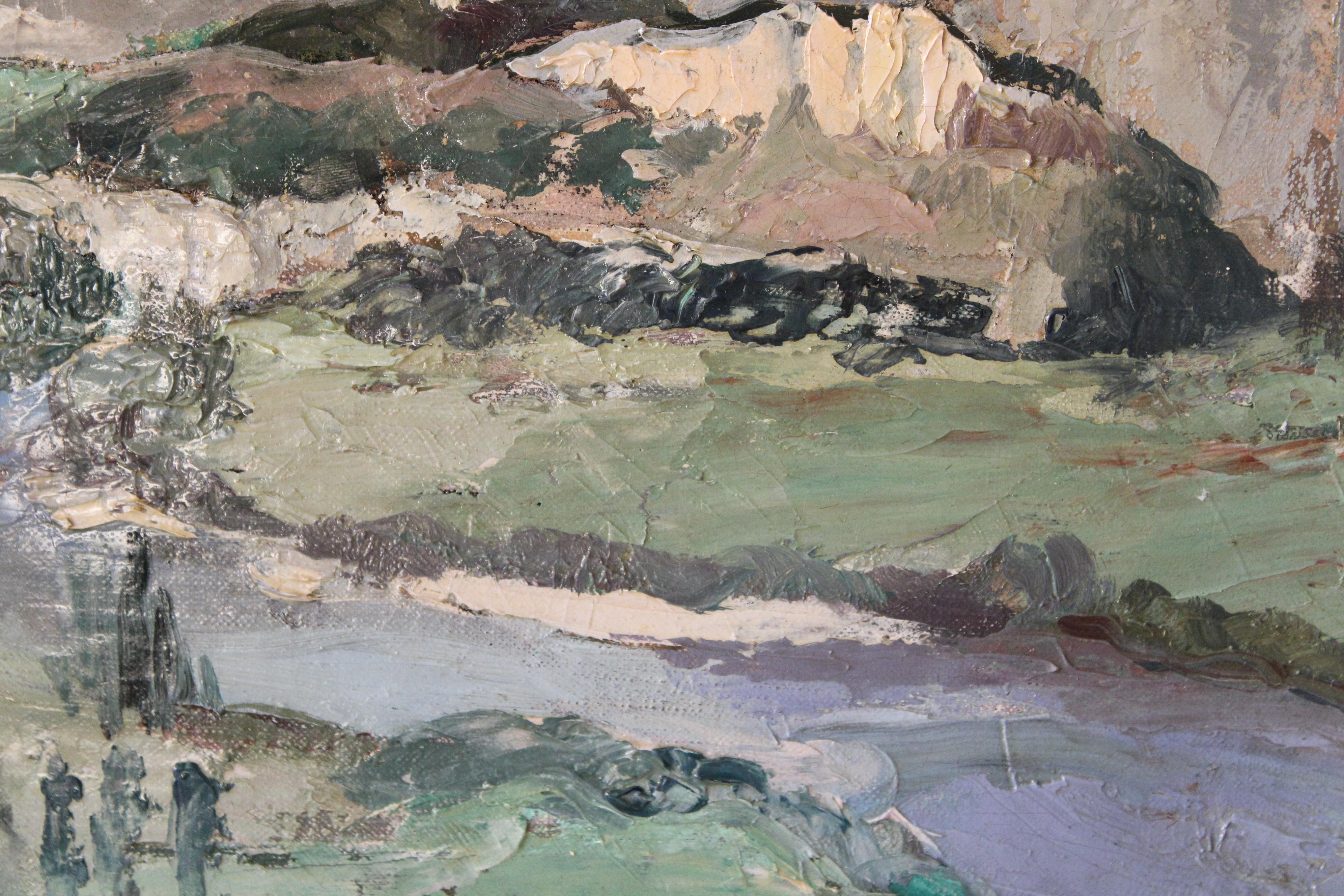 Antique French Landscape/riverscape, firmato paesaggio post-impressionista 5