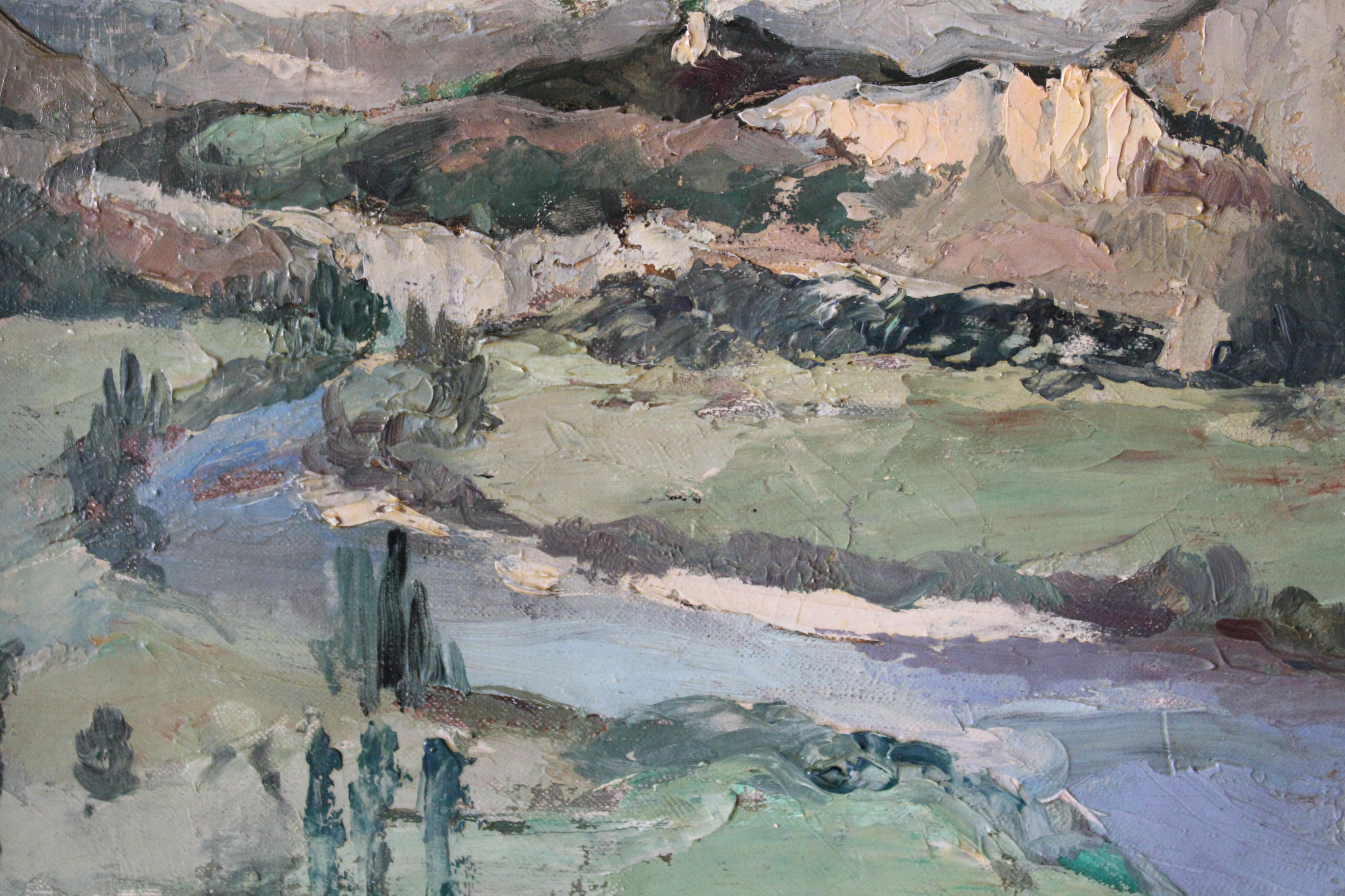 Antique French Landscape/riverscape, firmato paesaggio post-impressionista 7