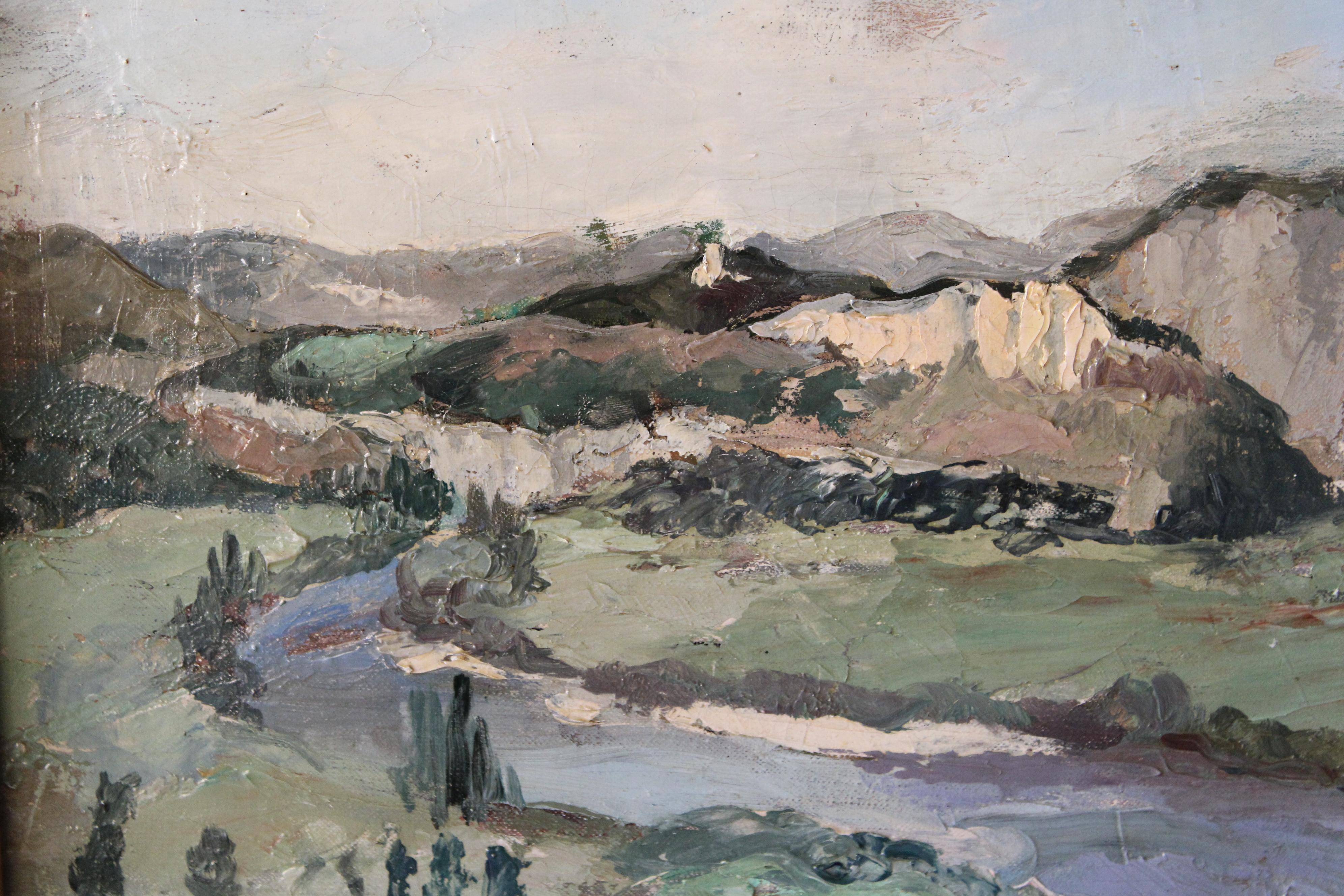 Antique French Landscape/riverscape, firmato paesaggio post-impressionista - Painting Postimpressionismo di Unknown
