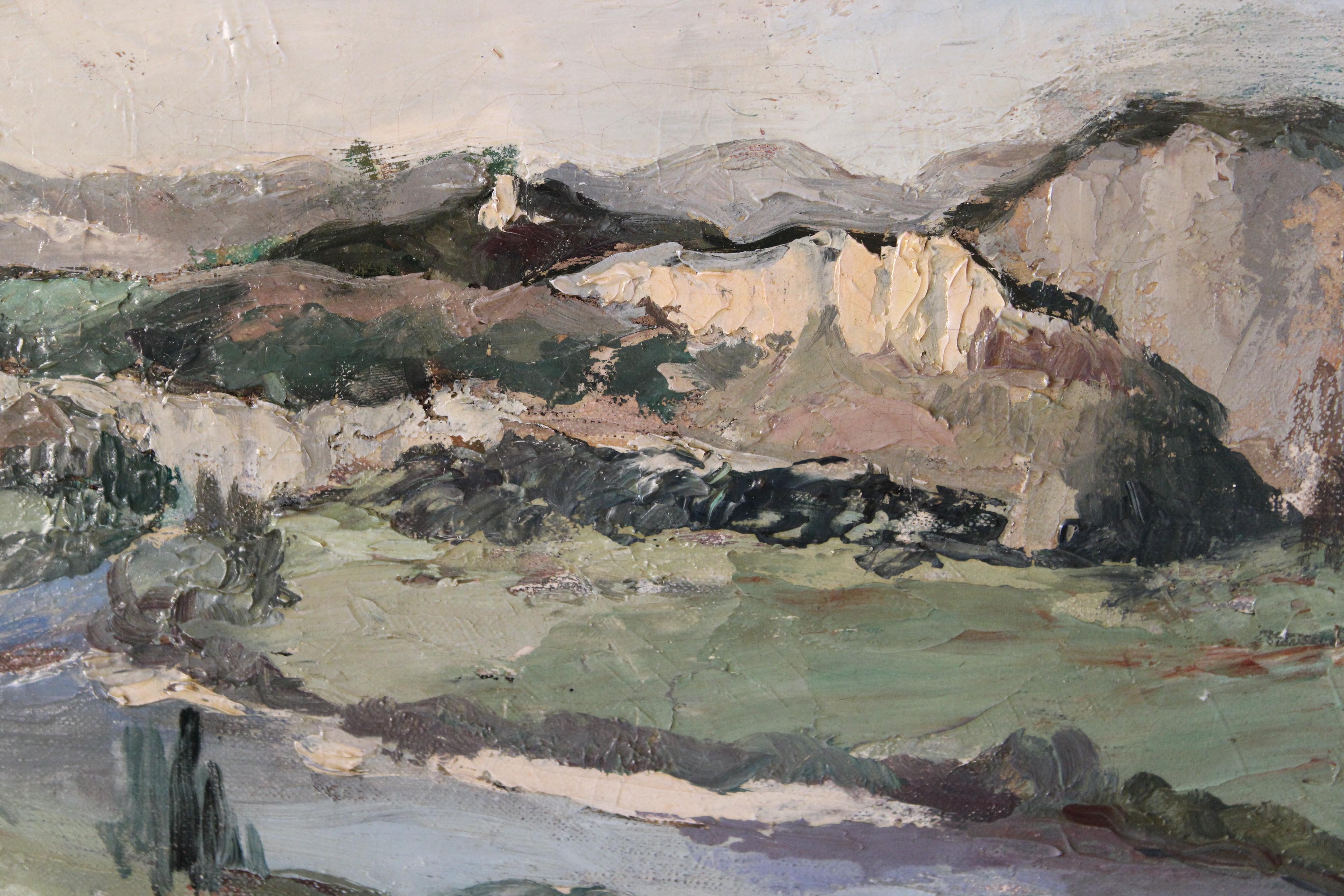 Antique French Landscape/riverscape, firmato paesaggio post-impressionista - Landscape Painting Marrone di Unknown