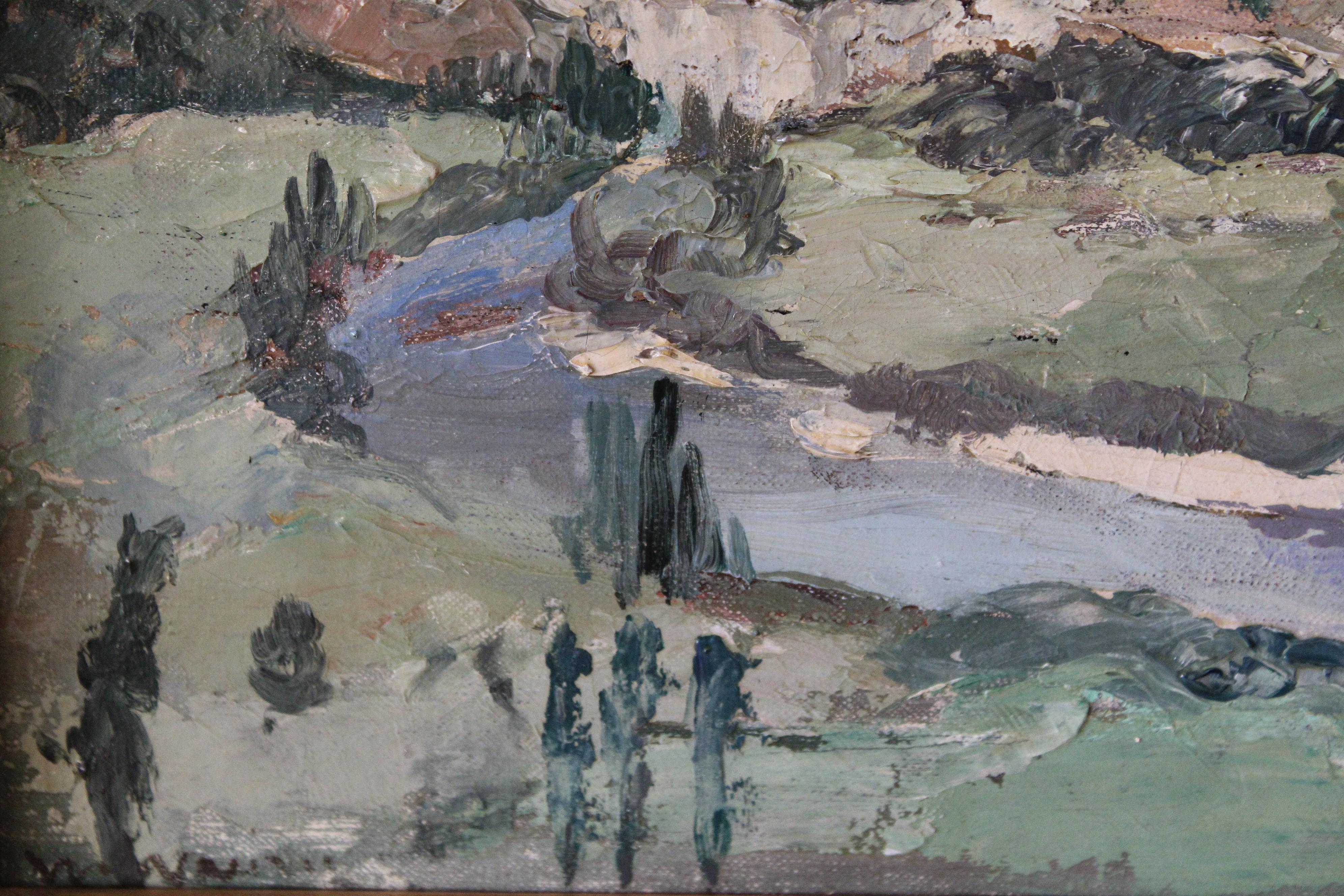 Dipinto a olio di un paesaggio post-impressionista francese, firmato in basso a sinistra ma l'artista è sconosciuto.  La tela è strutturata e l'impasto è più spesso.  Un'interessante composizione con tonalità prevalentemente blu, verdi e