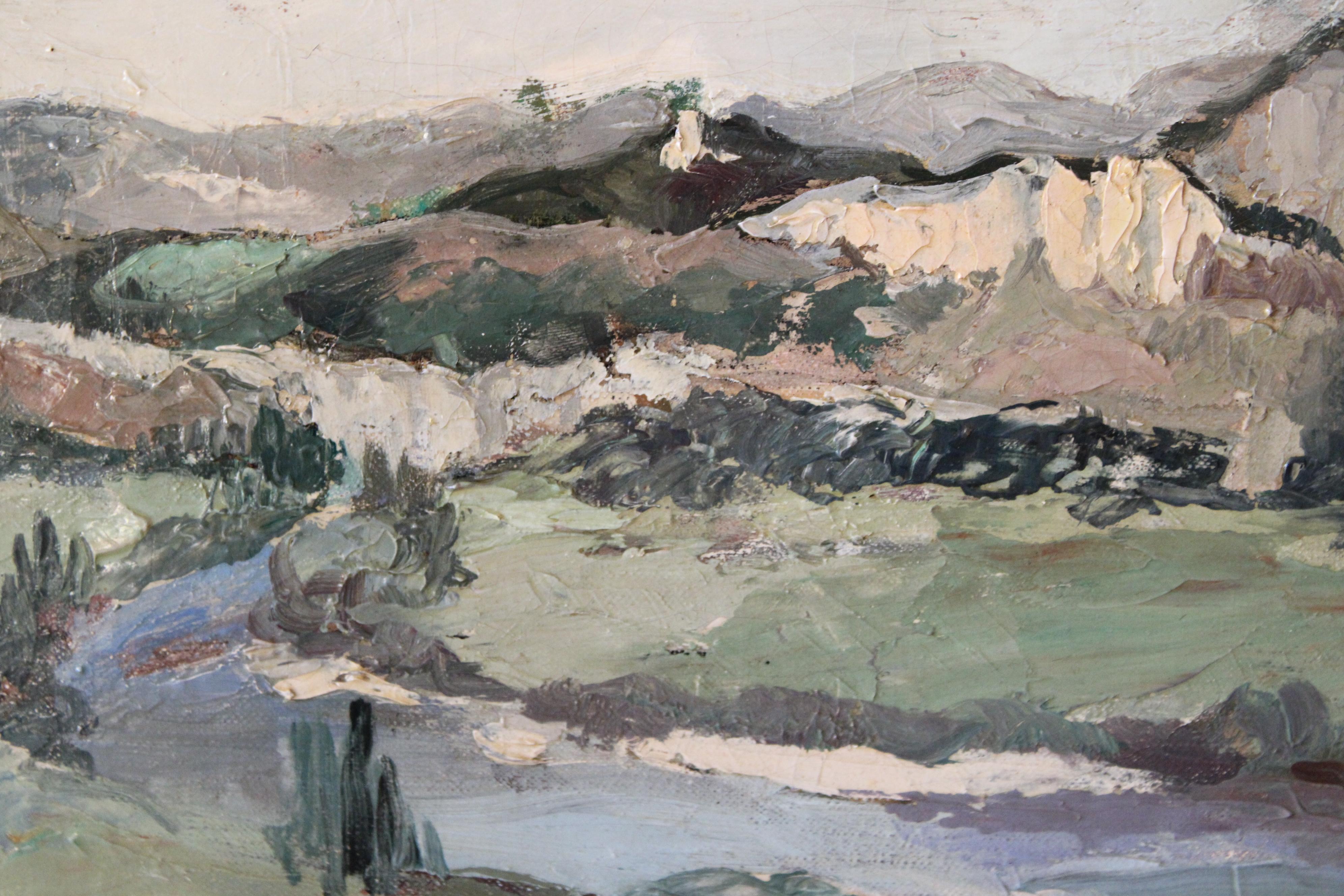 Antique French Landscape/riverscape, firmato paesaggio post-impressionista 1