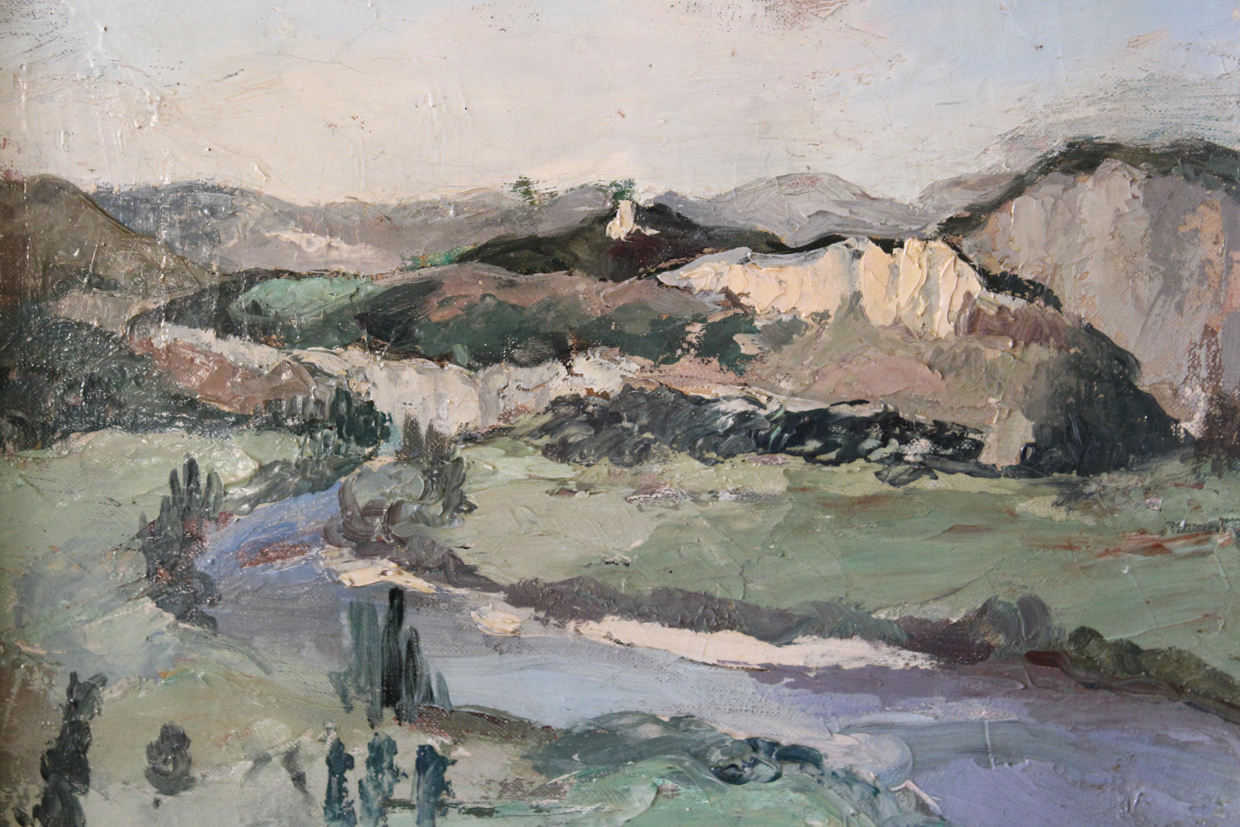 Antique French Landscape/riverscape, firmato paesaggio post-impressionista 2