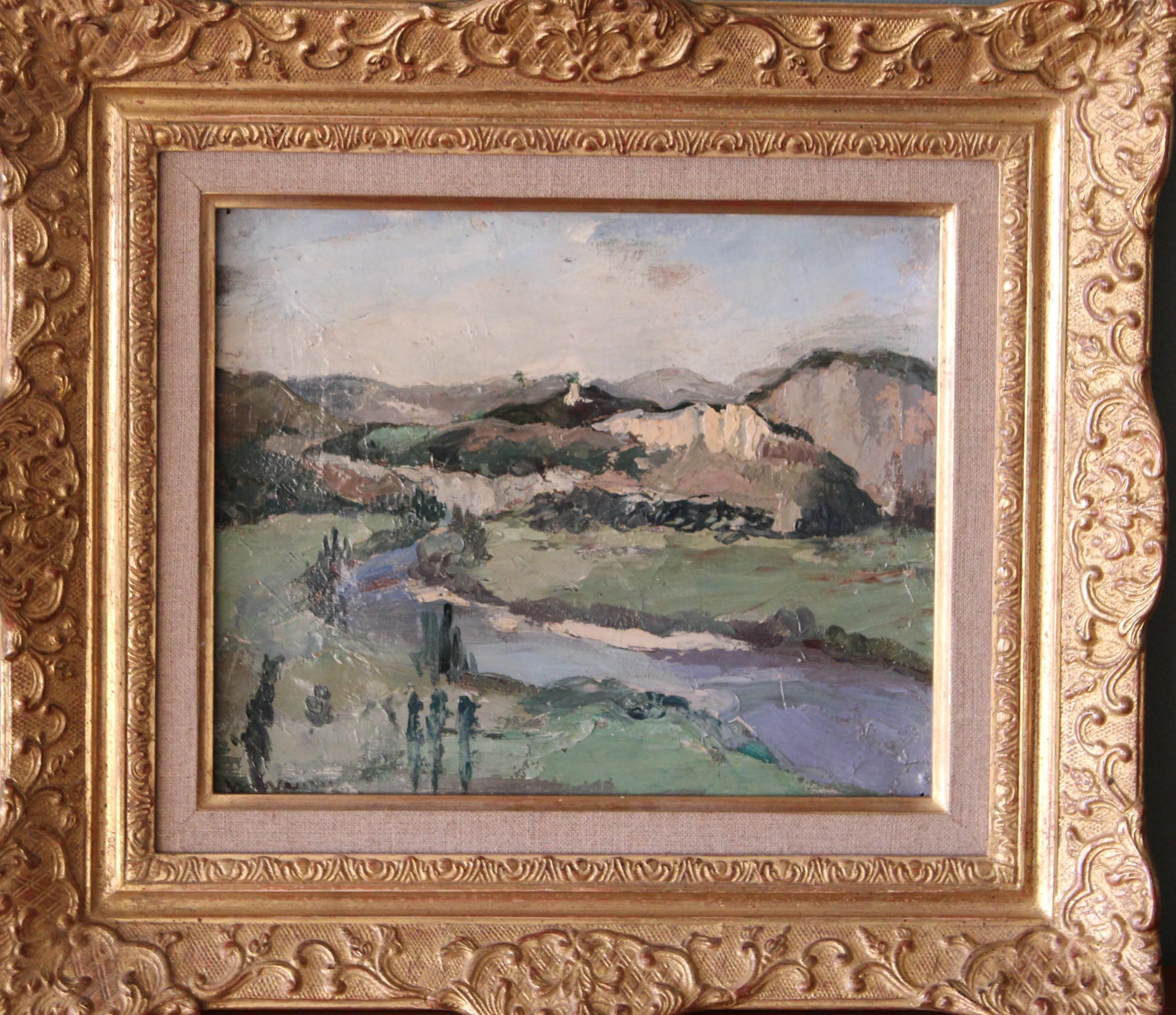 Landscape Painting di Unknown - Antique French Landscape/riverscape, firmato paesaggio post-impressionista