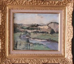 Antique French Landscape/riverscape, firmato paesaggio post-impressionista