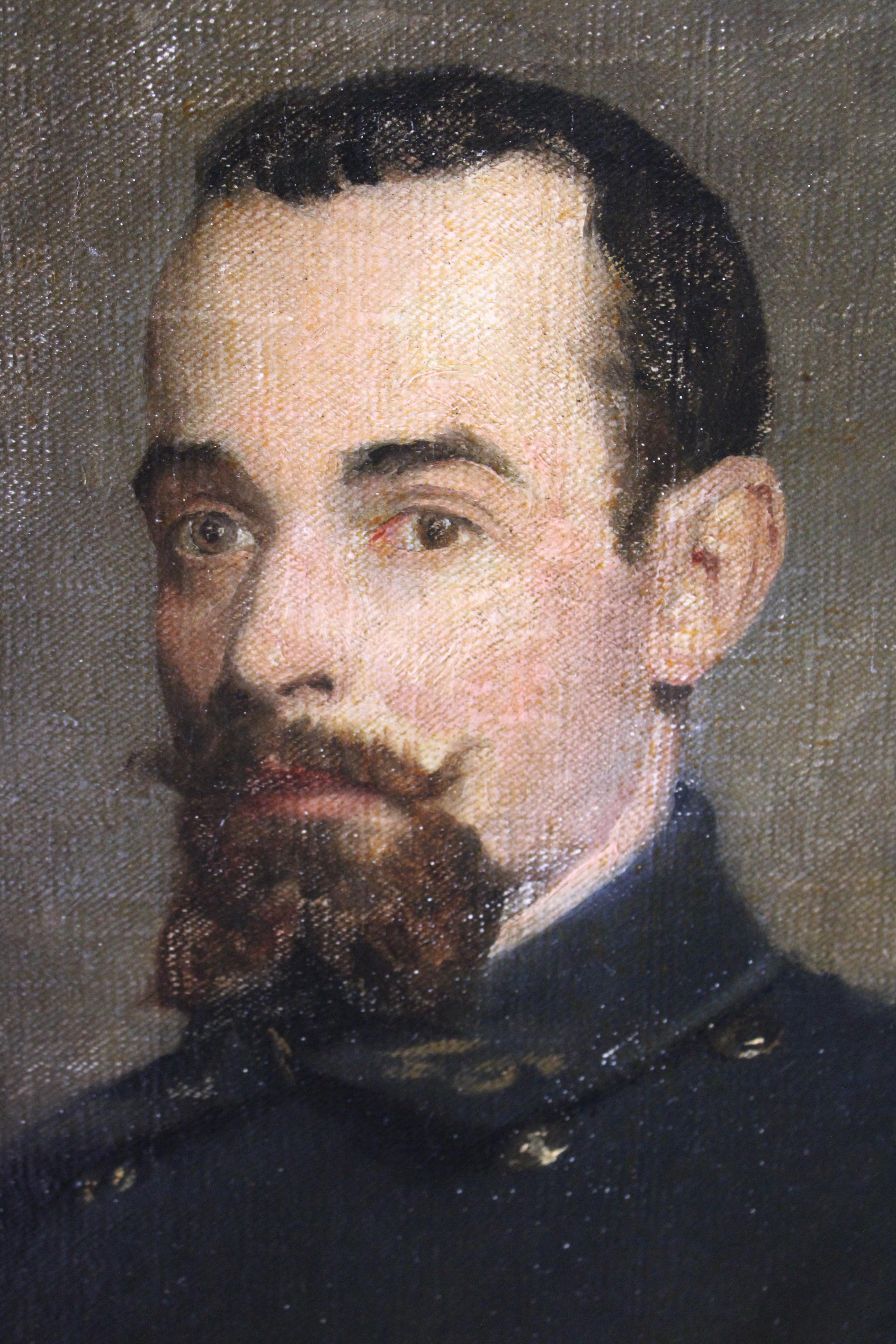 Ein klassisches antikes Ölgemälde auf Leinwand eines Mannes in einem goldfarbenen Rahmen.  Möglicherweise ein Mann des Militärs, vielleicht ein Mariner.  Dieses originale und authentische französische Ölgemälde ist sehr charmant.  Ein Mann mit
