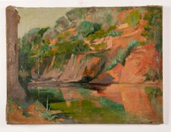 Antique French Modern Impressionist River Landscape Cubist Original Oil Painting