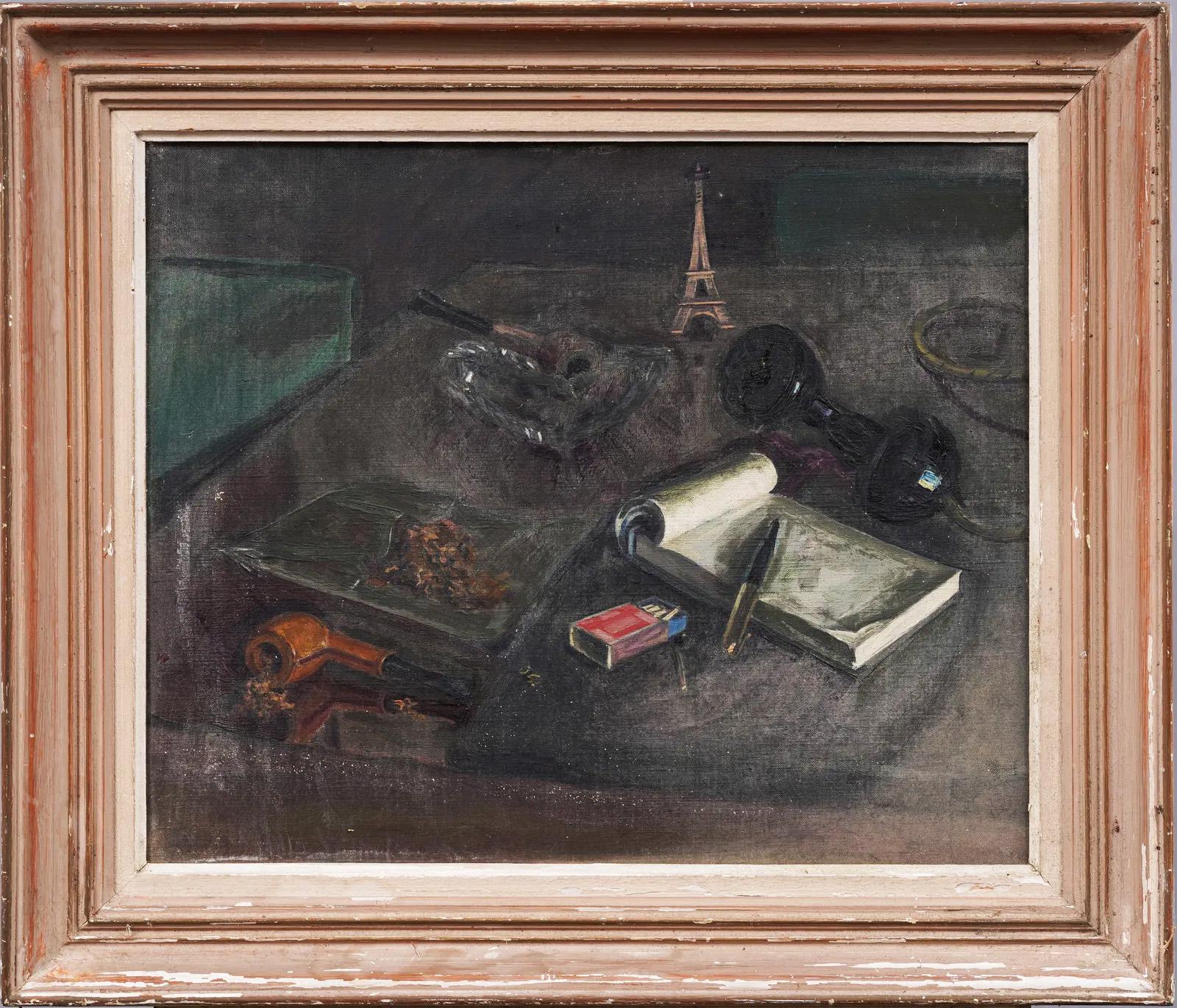 Antique French Modern Paris School Still Life Framed Surreal Oil Painting - Brown Still-Life Painting by Unknown