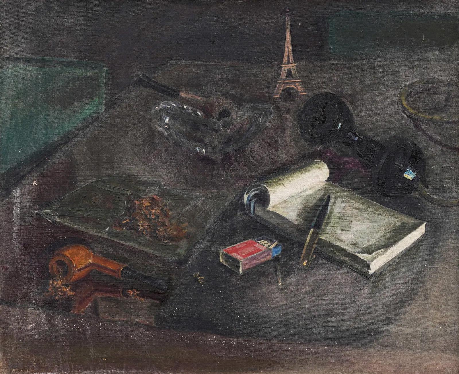 Finely painted modernist still life oil painting with a view of the Eiffel Tower and a rotary phone. Oil on canvas. Framed. Measuring 20 by 23 inches overall and 15.25 by 18.25 painting alone. 