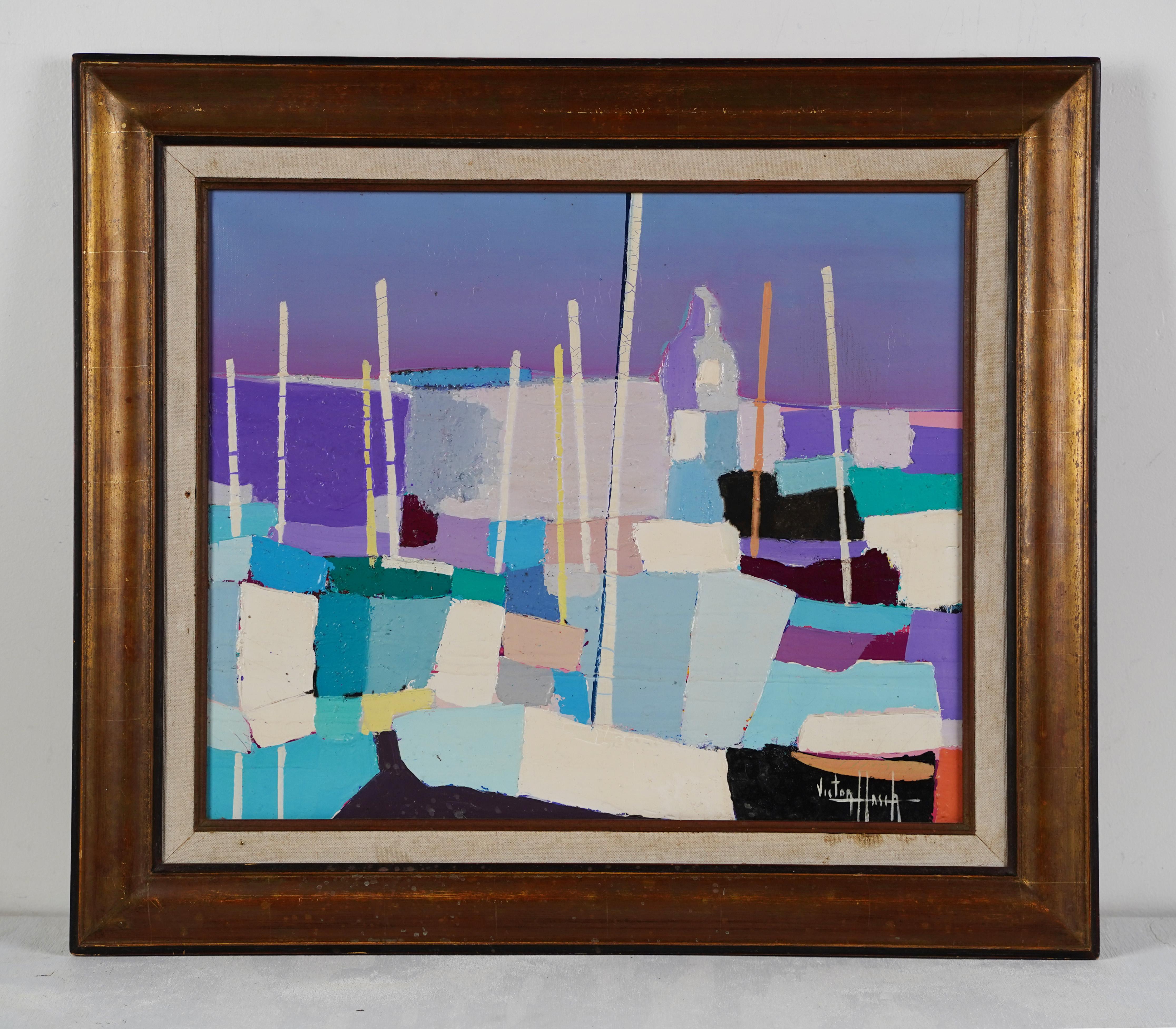 Vintage French modernist abstract seascape oil painting.  Oil on canvas, circa 1950.  Signed.  Framed.  Image size, 19H x 22L.
