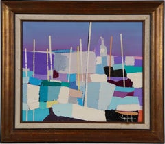 Antique French Modernist Abstract Ocean Boat Harbor Signed Framed Oil Painting