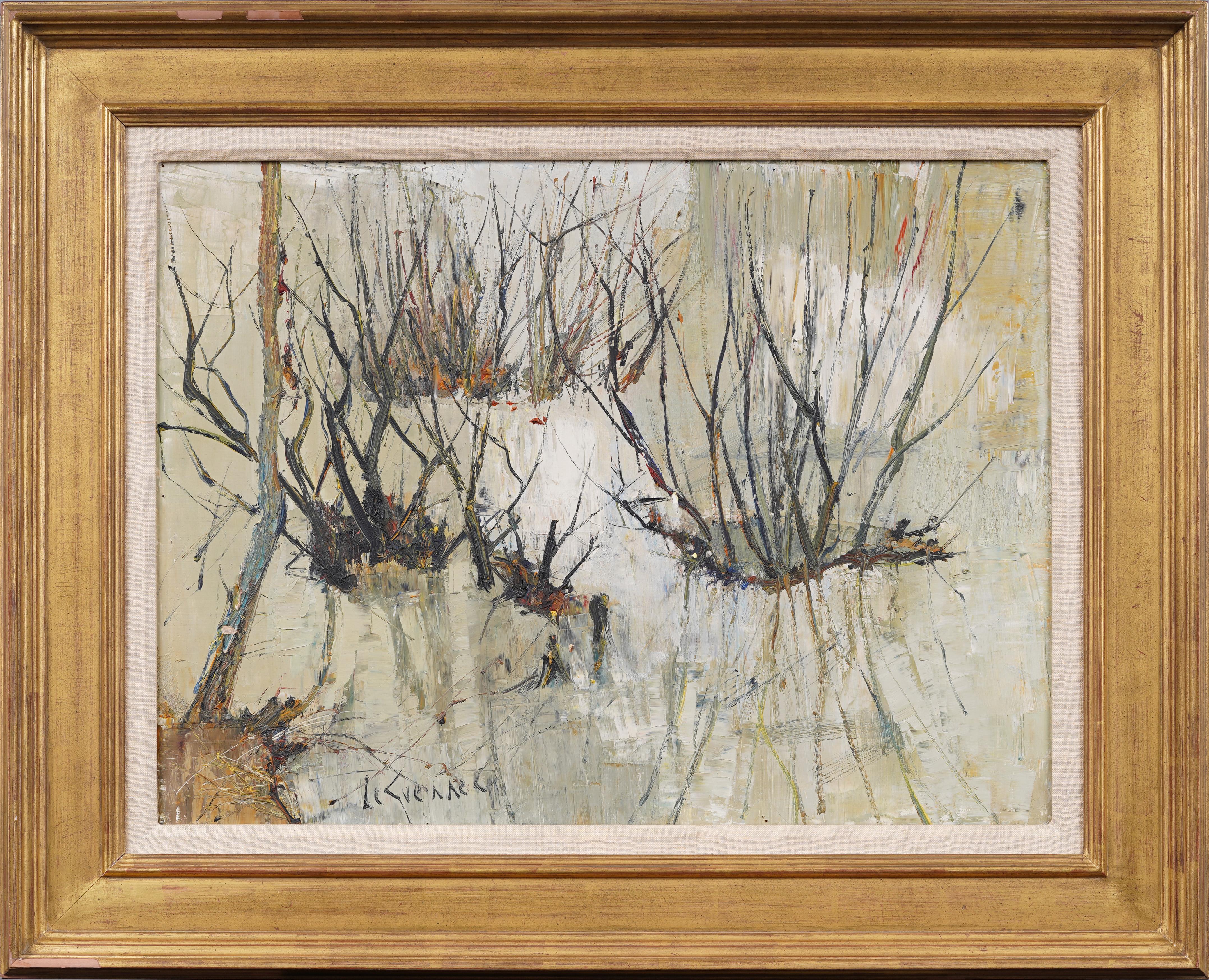 Antique French Modernist Lake Landscape (Paesaggio lacustre) firmato e incorniciato, pittura ad olio originale - Painting di Unknown