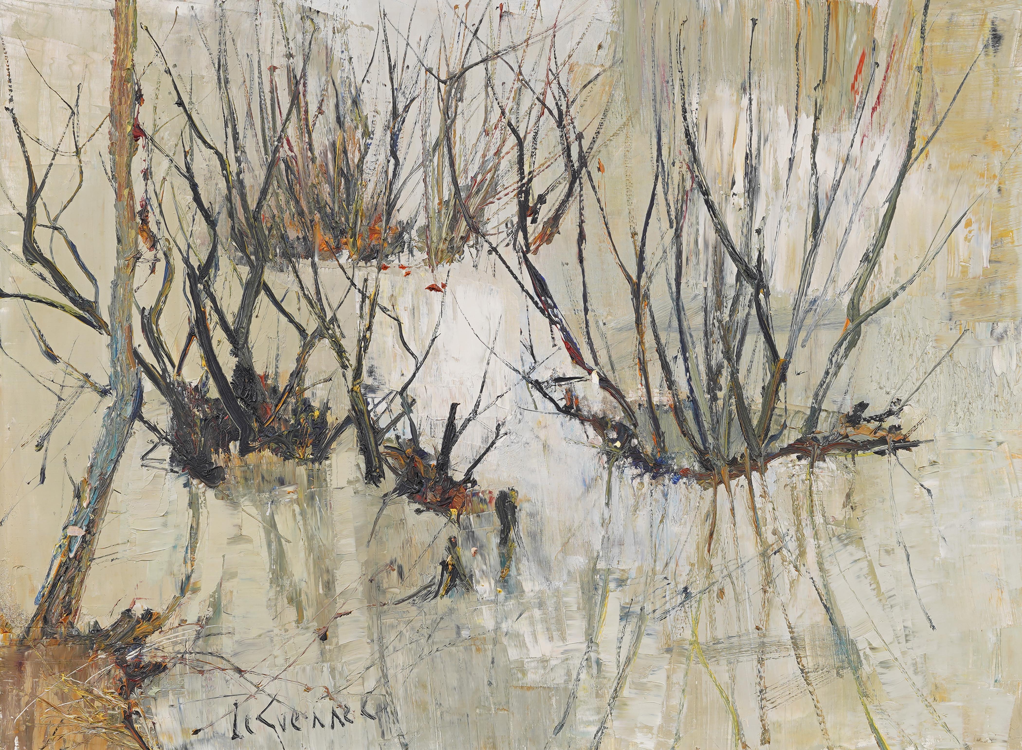 Antique French Modernist Lake Landscape (Paesaggio lacustre) firmato e incorniciato, pittura ad olio originale - Painting Impressionismo di Unknown